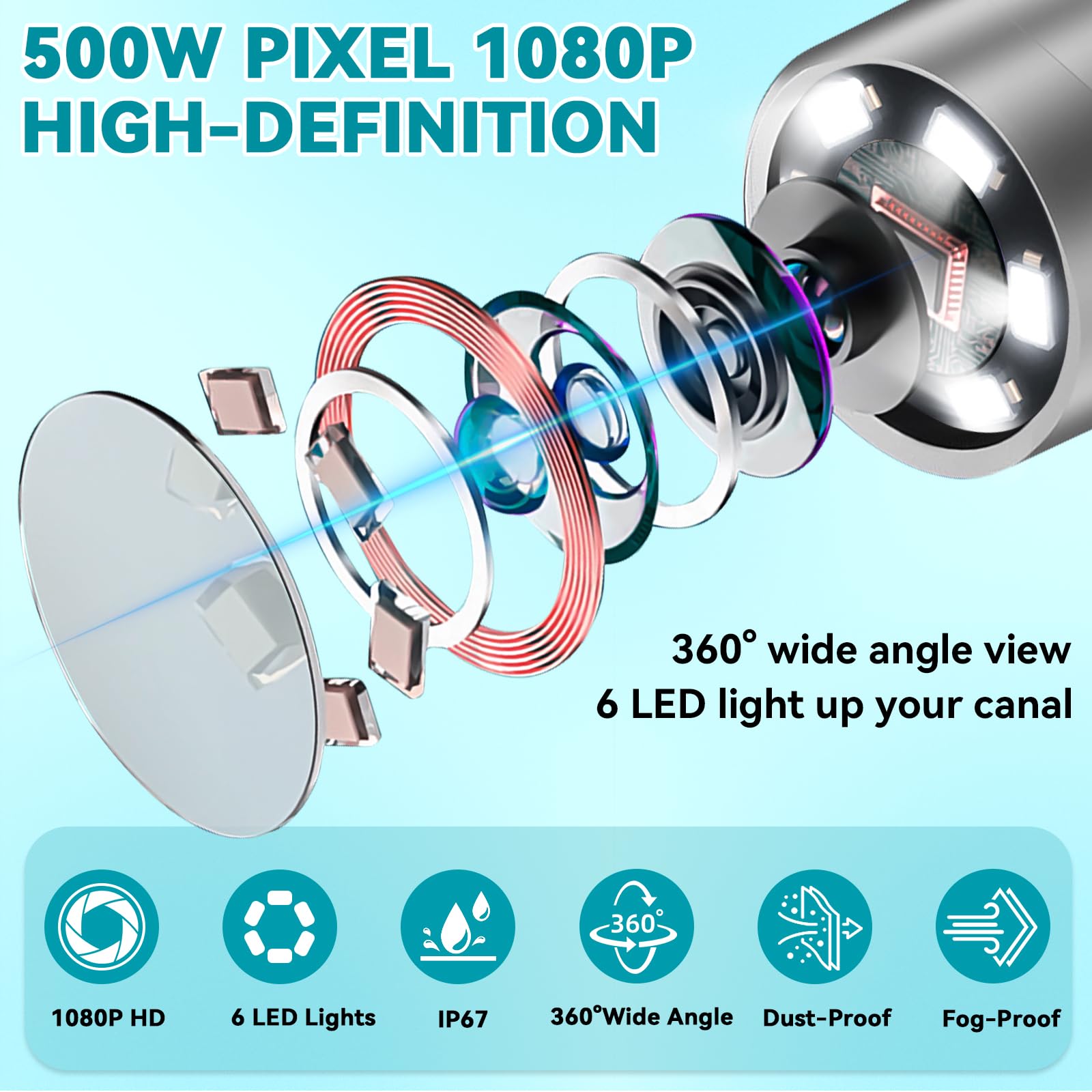 Endoskop uszny, WiFi, endoskop, otoskop, 1080P, IP67, wodoodporna kamera uszna HD z 6 diodami LED, otoskop, kompatybilna z ios i Androidem, dla iPhone, Android, iPad, dorosłych, dzieci, z