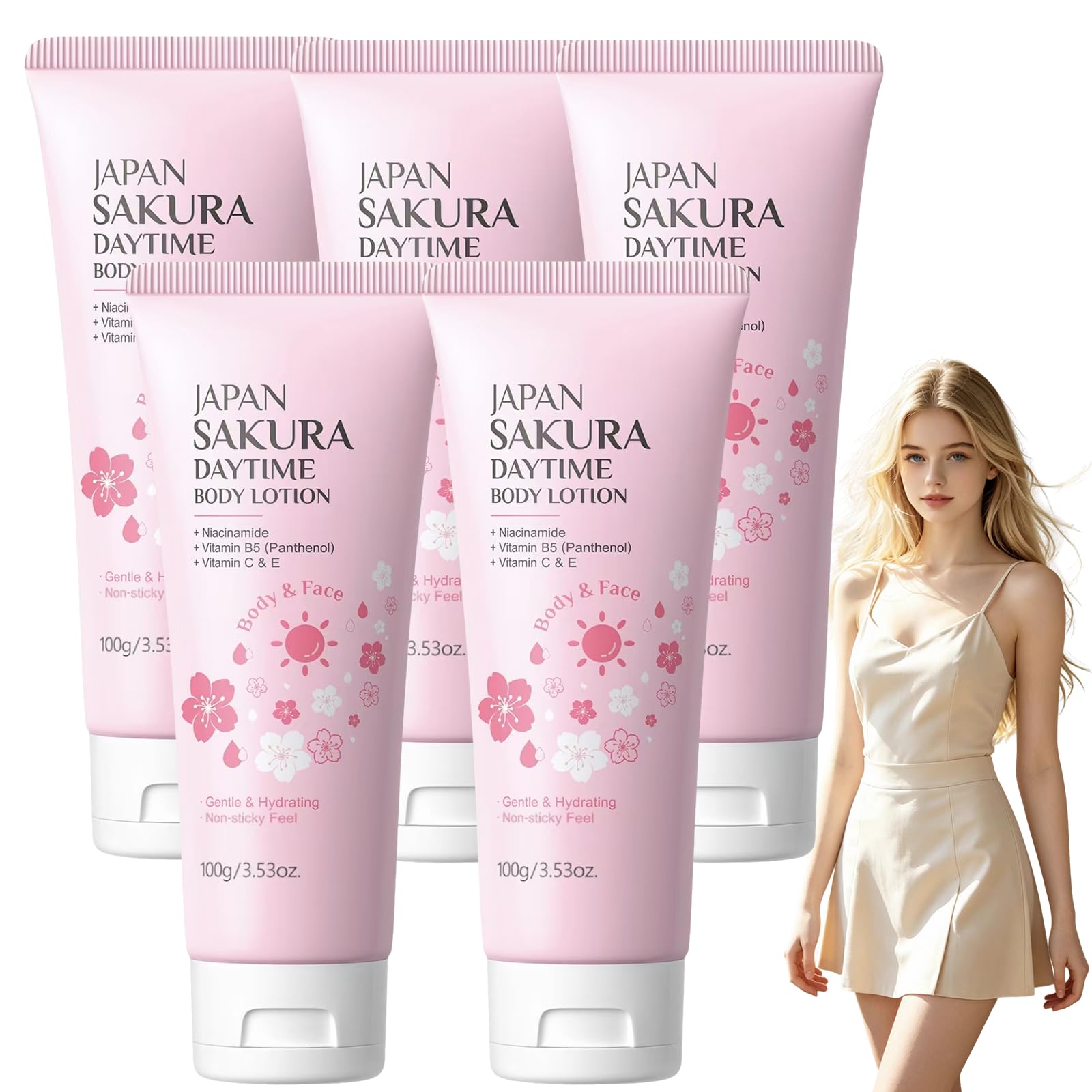 Giapponese Fiori di Ciliegio (Sakura) Illuminante Corpo Lozione - Rassodante e Anti-invecchiamento Idratante Quotidiano, Donne Pelle Secca Serraggio Profumato Idratante Crema (5 pezzi)