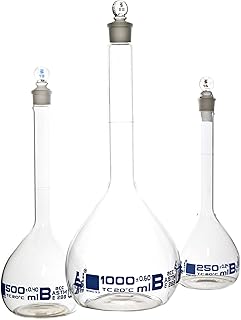 Volumetric Flask Set, 3 Pieces - Class B, ASTM - 250ml, 500ml & 1000ml - Glass Stopper - Blue Graduation - Eisco Labs