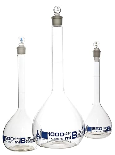 Juego de frasco volumétrico, 3 piezas, clase B, ASTM, 8.5fl oz, 16.9fl oz y 33.8fl oz, tapón de vidrio, graduación azul, Eisco Labs