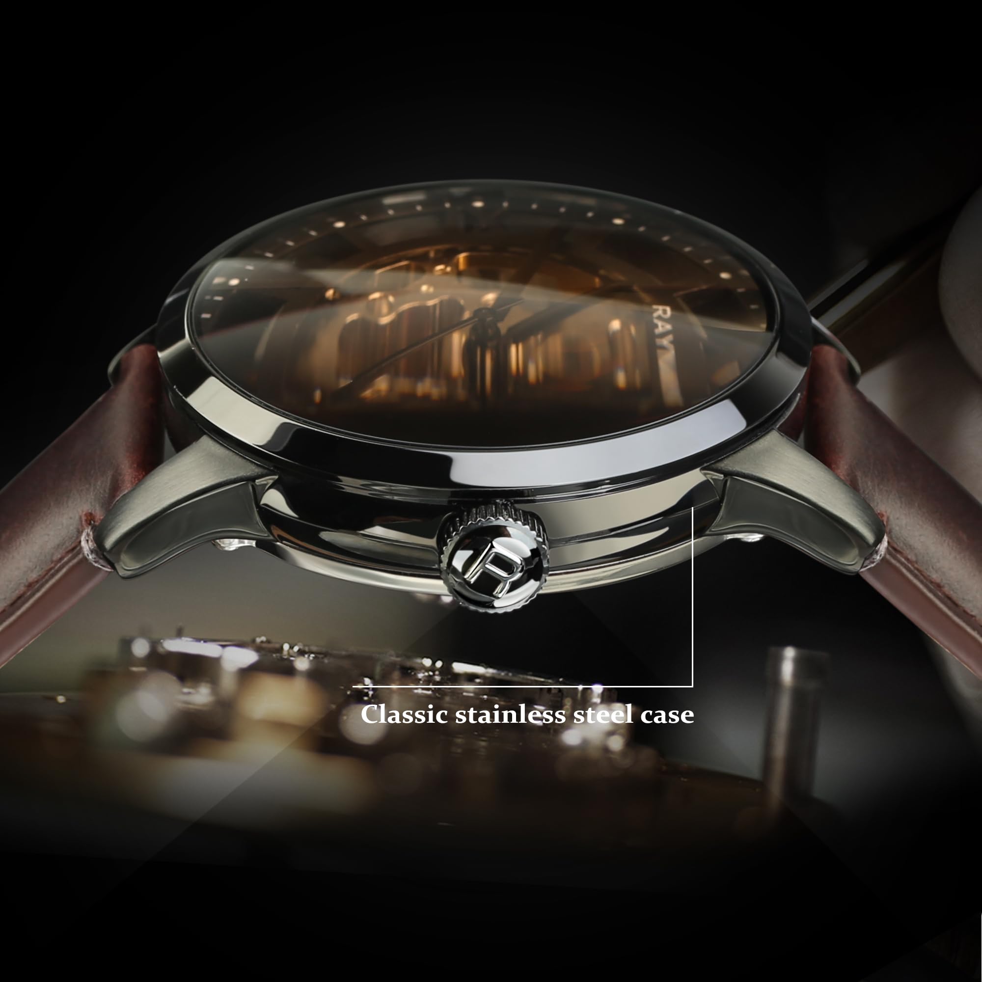 FORSINING Automatik Uhr Herren, Herrenuhr Automatik, Skelett Zifferblatt und Lederband Doppelseite Hollow Out Watch for Men