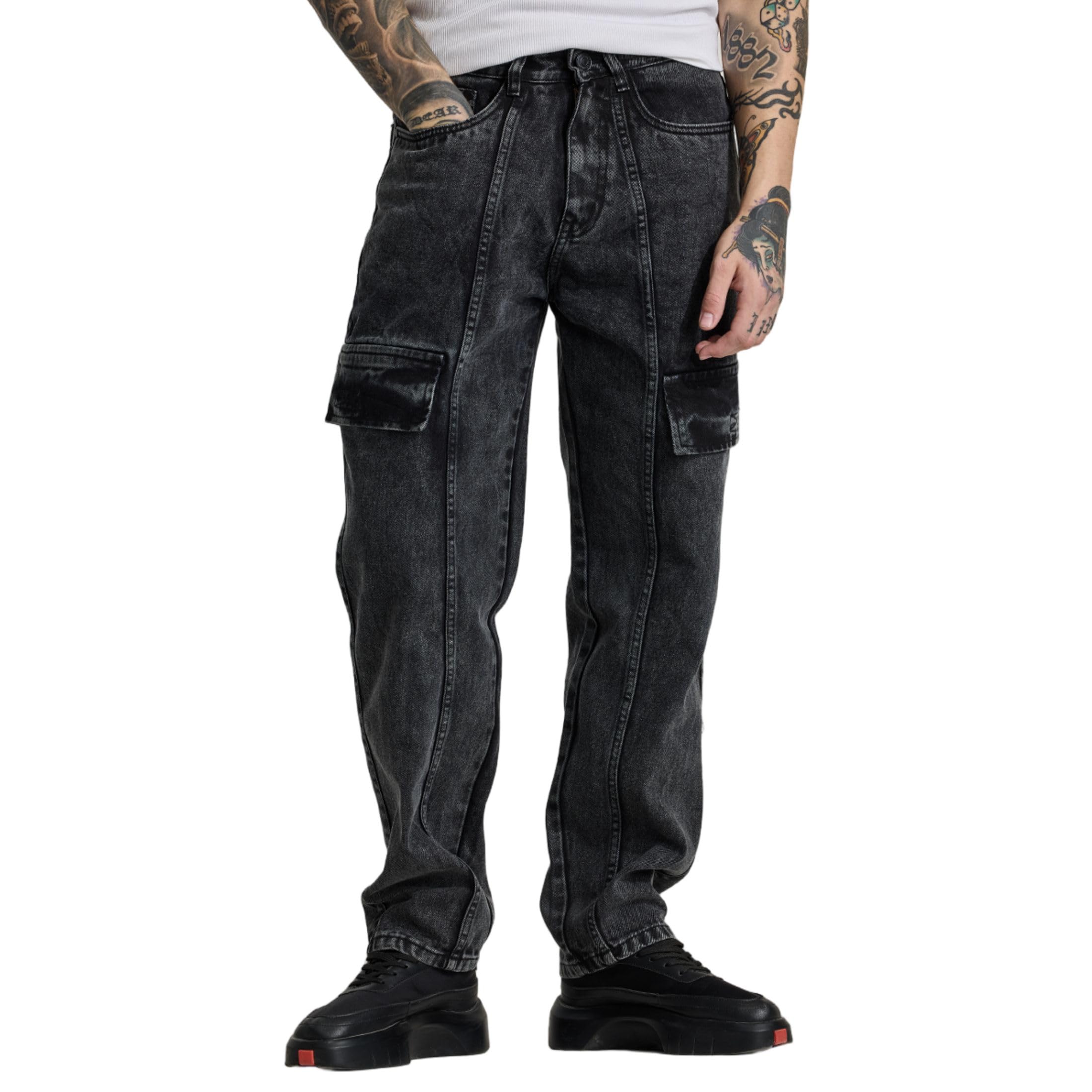 SNITCH Charcoal Grey Multi Pocket Regular Fit Cargo Jeans in grey