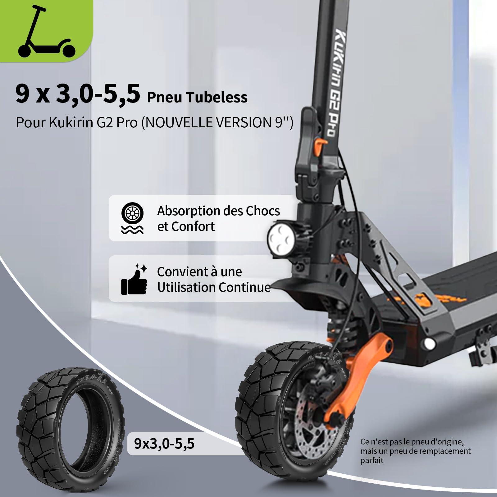 Pneu 9x3.0-5.5 sans Chambre à air pour Kukirin G2 Pro (Nouvelle Version) Trottinette électrique 9 Pouces Pneu de Rechange Avant/Arrière (Noir-2 Pièce)