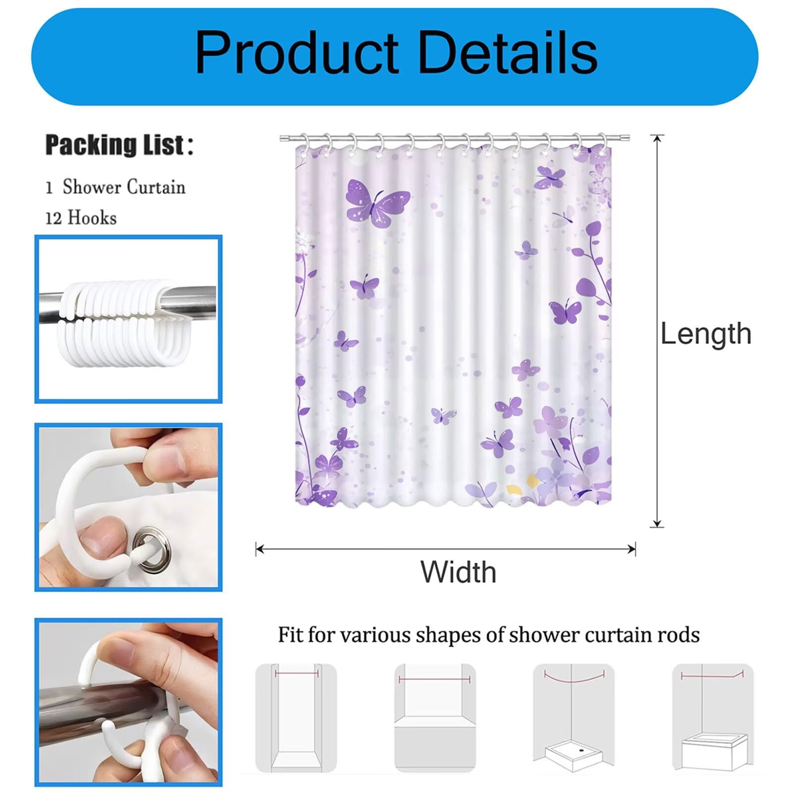 Cortina de Ducha Blanco Cortina Ducha, Antimoho, Tela Impermeable Poliéster, Shower Curtain 200x220 cm con 12 Ganchos y Dobladillo Ponderado, Shower Curtain Lavable para Baño o Bañera, Púrpura 3Y#16