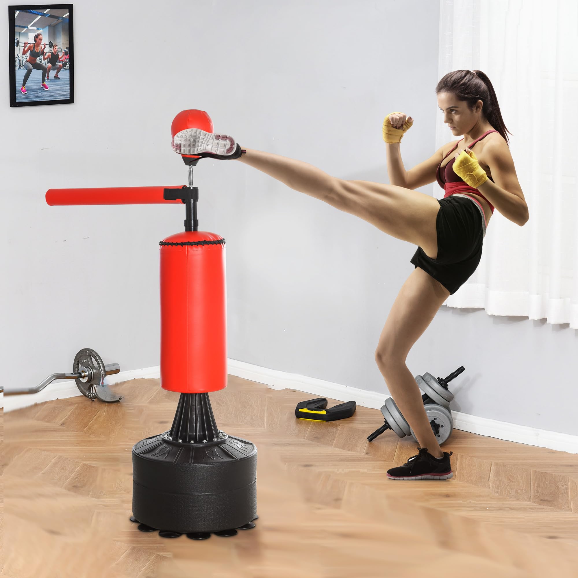 HOMCOM Sacco da Boxe ad Altezza Regolabile con Punching Ball, Base Riempibile e Asta Rotante, Sacco da Terra in PU, EPE e HDPE, 88x48x155-205 cm, Rosso e Nero