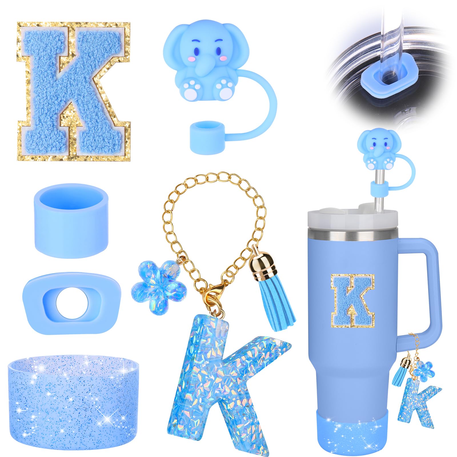 Mity rain Cup Accessories Set for stanley 30 oz 40 oz tumbler with handle, Including Initials Charms, Straw Cover Cap, Boot, Sticker, Silicone Spill Proof Stopper,Blue Decorate for Boy Girl (Letter K)
