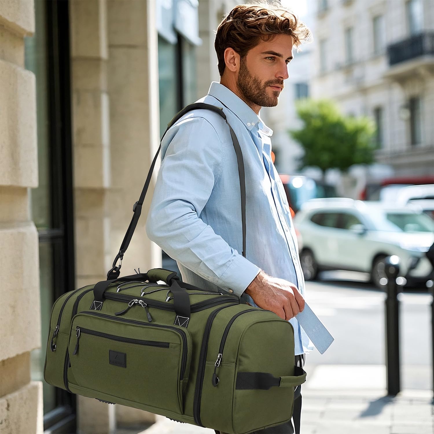 Laripwit Borsa da viaggio espandibile da uomo, weekender, bagaglio a mano per campeggio e sport, verde militare, 70 x 28 x 25.4 cm