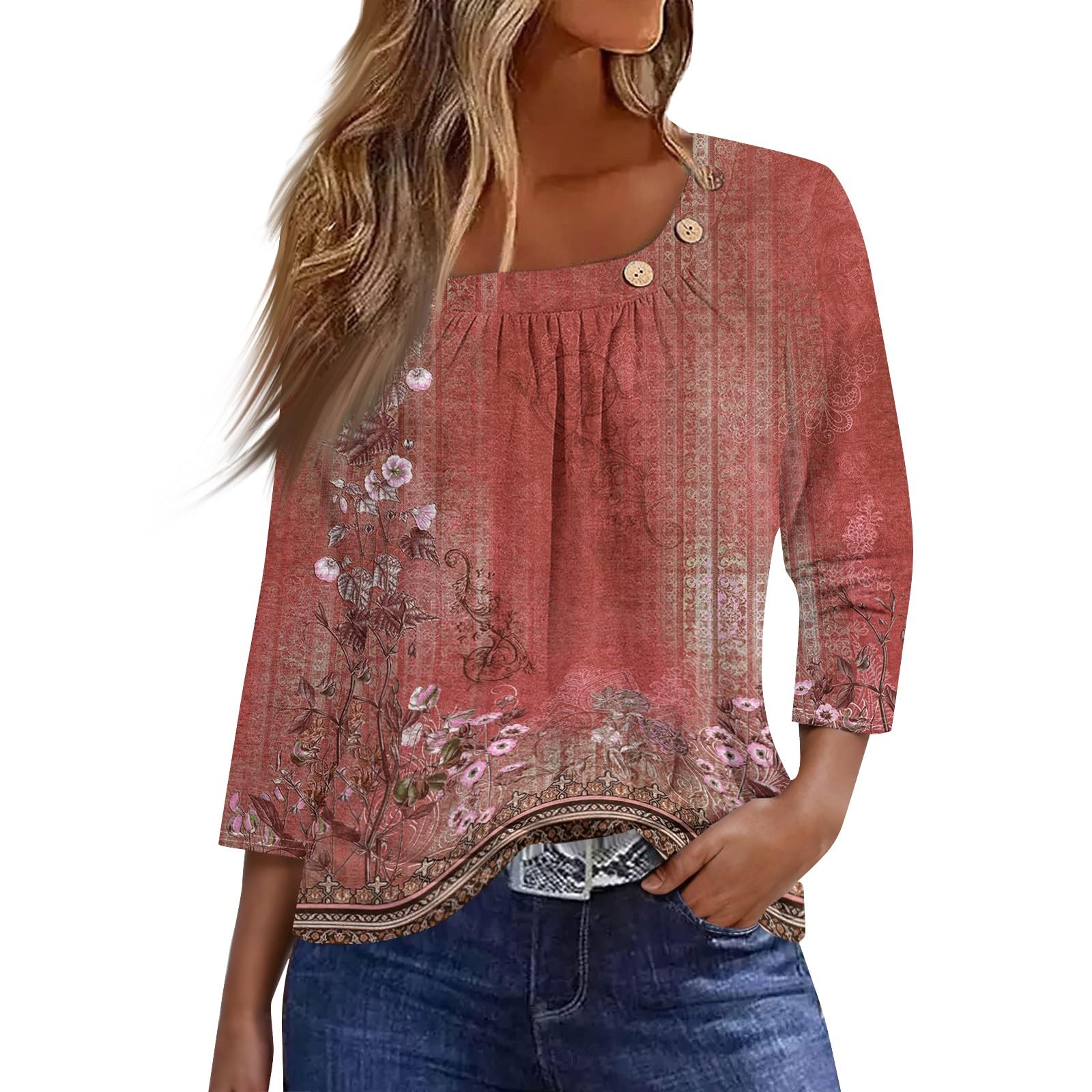 SCBFDI Blusa Mujer Elegante, Camiseta Mujer Escolar Día Festivo T-Shirt Manga De Siete Puntos Elegante Volante Fruncido Delgado Cuello, Moda Blusas Elegantes