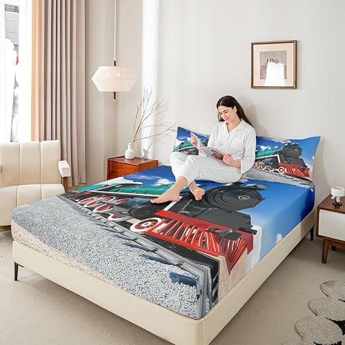 Miniatura 5 de Erosebridal Juego de sábanas bajeras de tren tamaño Queen, juego de ropa de cama de motor de vapor 3D para niños y adolescentes, juego de ropa de