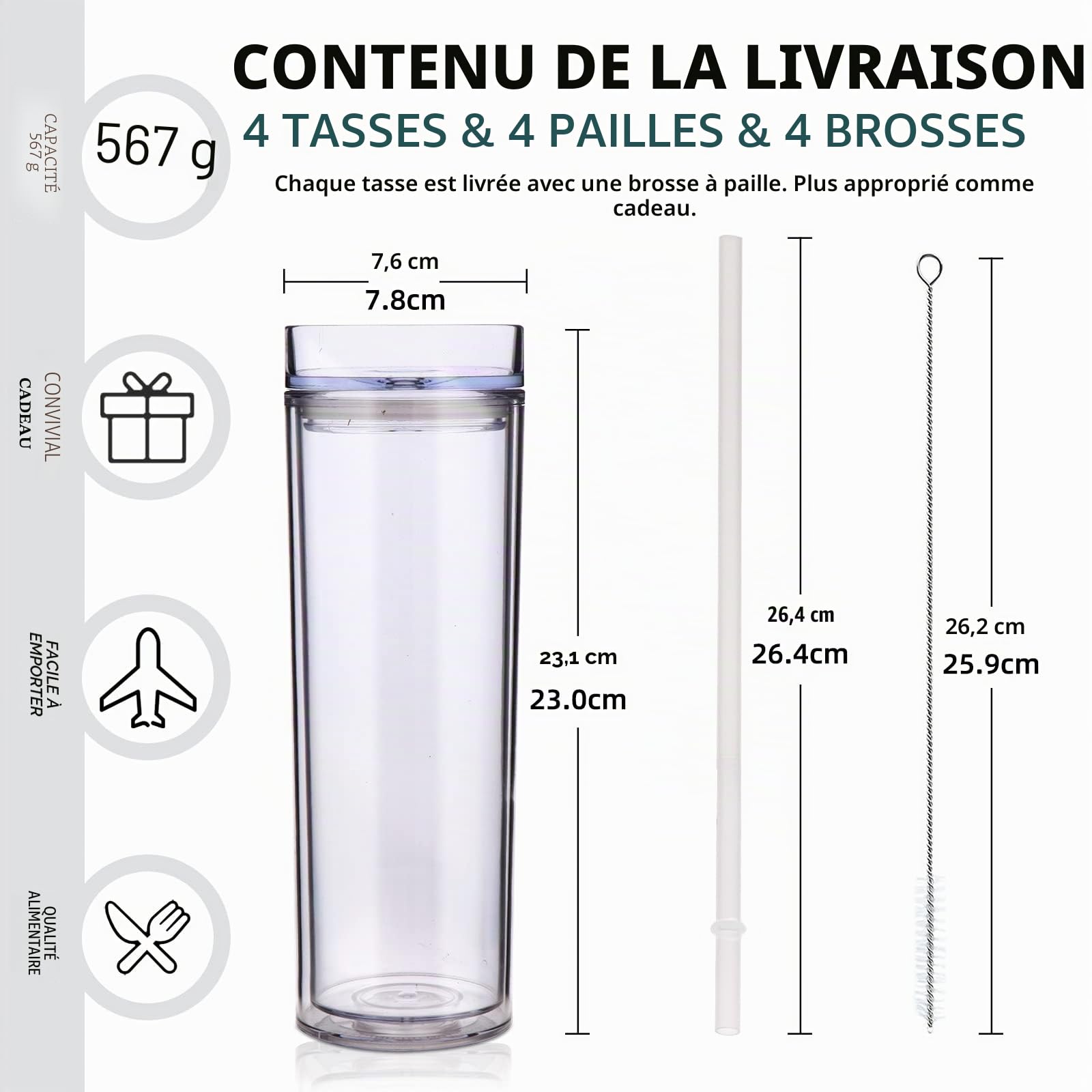 Volhoply 600ml Tumbler en Plastique Réutilisables Lot de 8,Tasse en Plastique à Double Paroi avec Couvercle et Paille,Gobelets à Café en Acrylique de Matte Libre BPA pour Soirées,Cadeaux(Clair,8 Set)