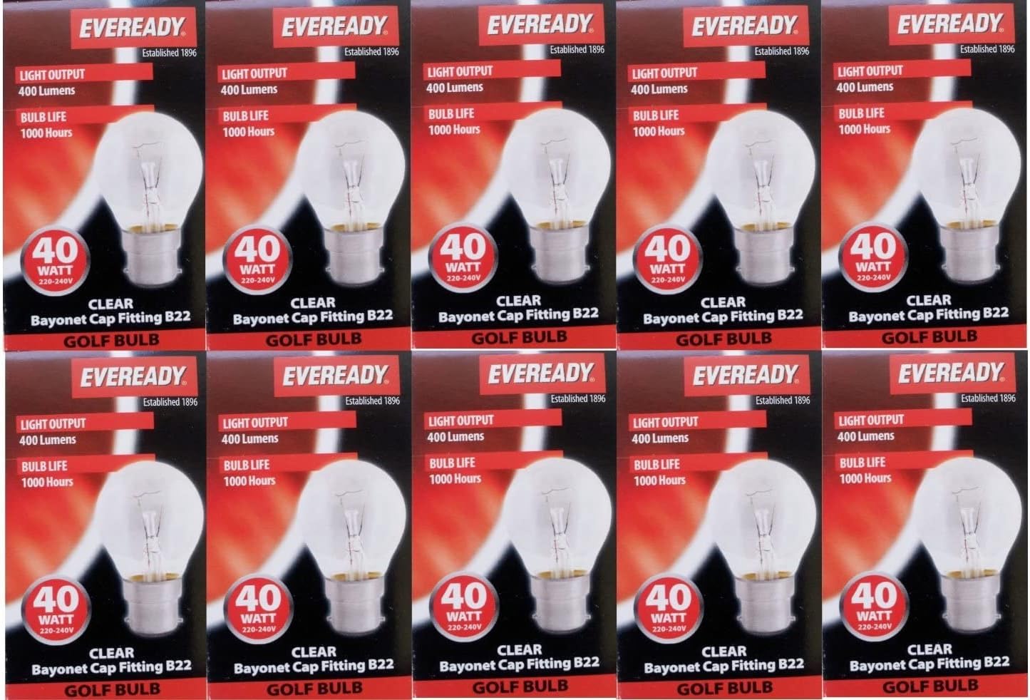 10 x EVEREADY Classic Golf Ball 40W, BC B22 B22d, Clear Round Light Bulbs, Bayonet Cap, Mini Globes Incandescent Dimmable P45/G45 Lamps, Mains 240V