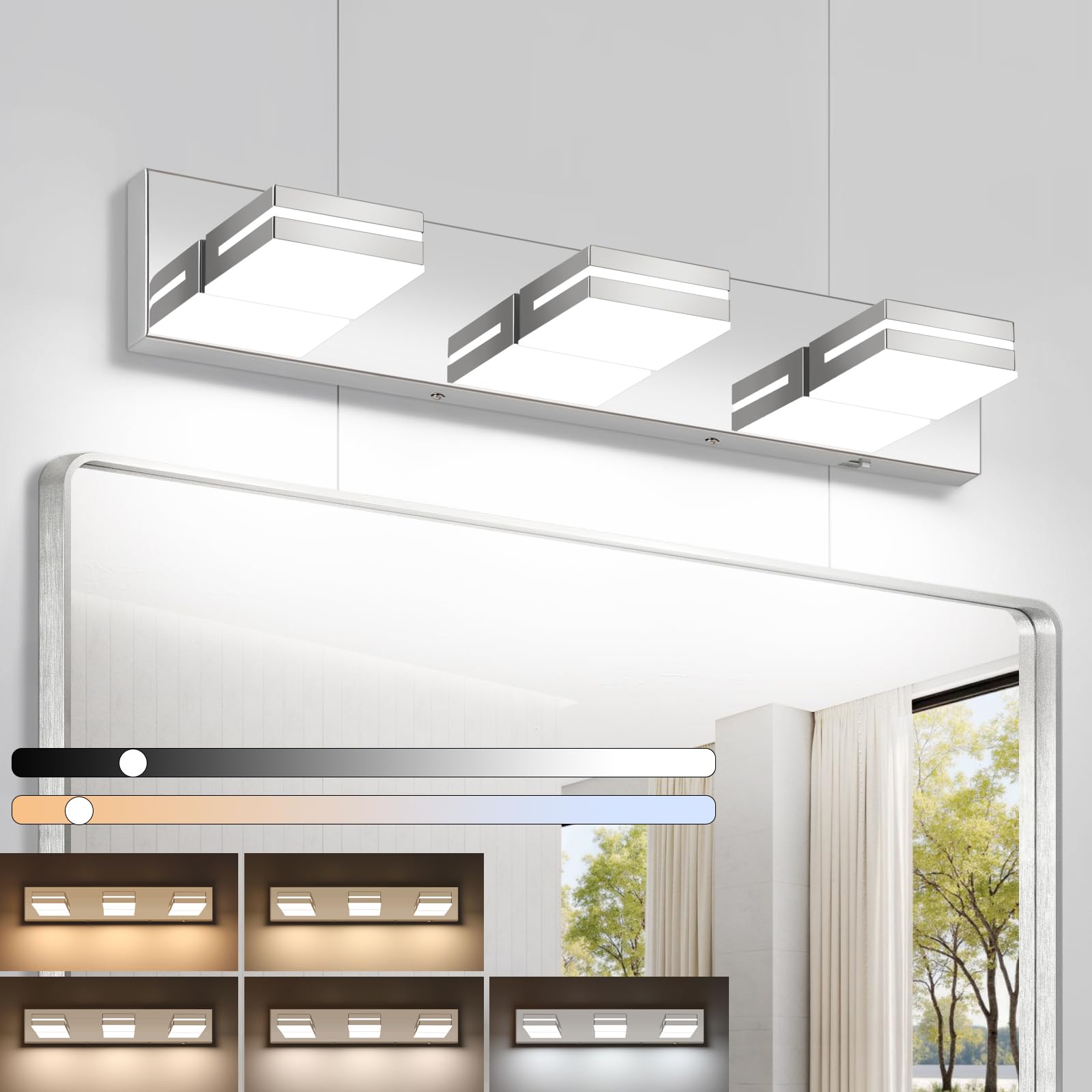 Bathroom Vanity Lighting Fixtures Over Mirror 3-Light 24-Inch Dimmable Modern LED Bathroom Wall Lighting Fixtures Chrome 3000K 3500K