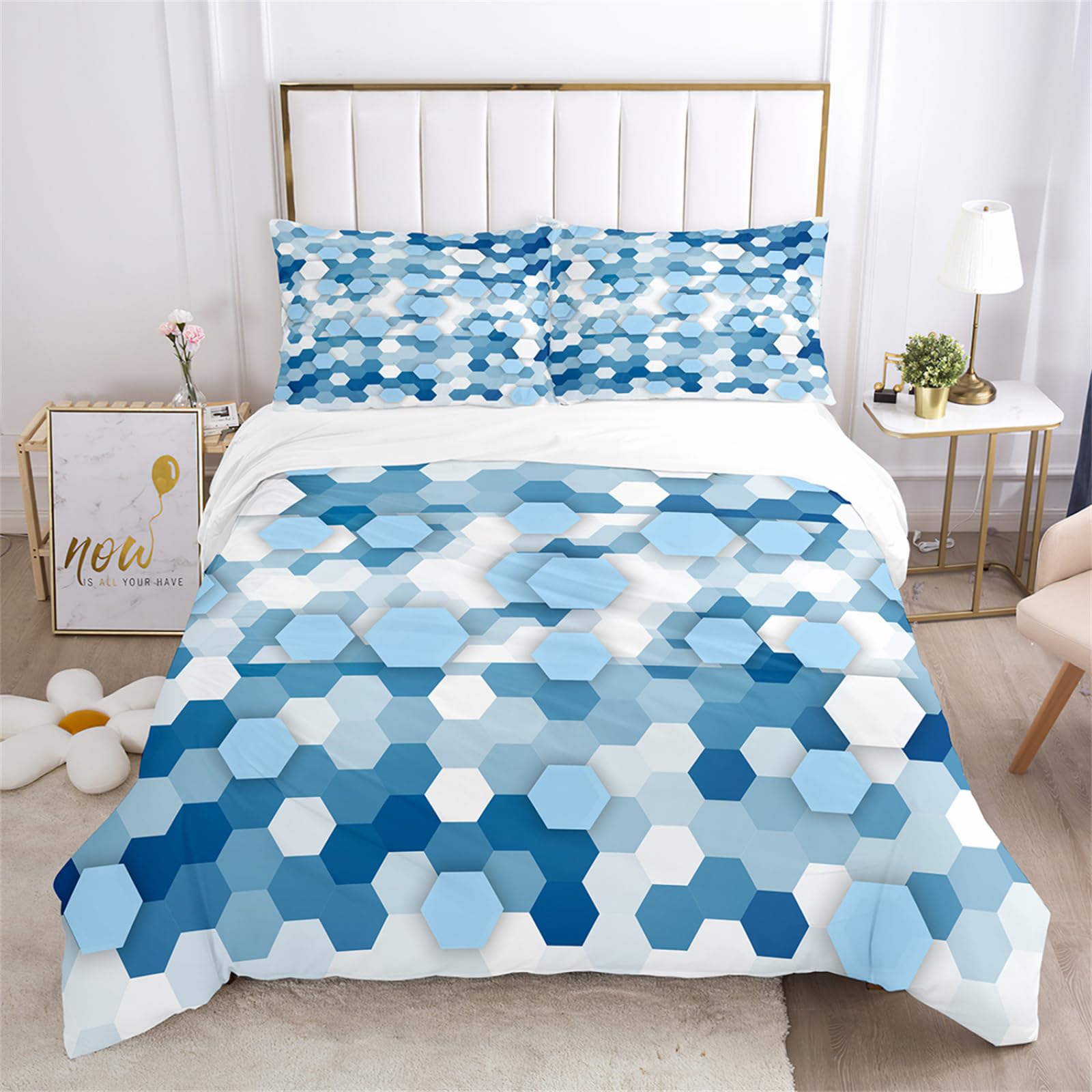 Dwetcxo Single Duvet Cover Set White Blue Geometry Single Bed Duvet Cover Set Soft Microfiber Breathable Bedding Durable Single Bedding Sets with Zipper Closure+2 Pillowcases 50x75cm 140x200cm