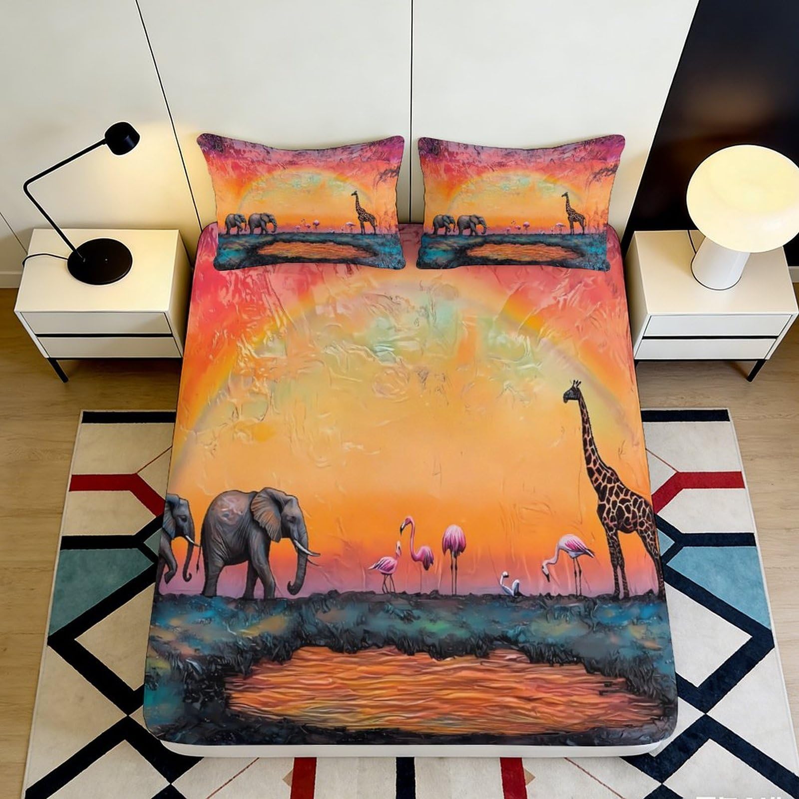 3D Printed Sunset Savannah Fitted Sheet Microfiber Bedroom Decor Flamingo Elephant Mattress Cover for Home Dorm 90x200x25cm