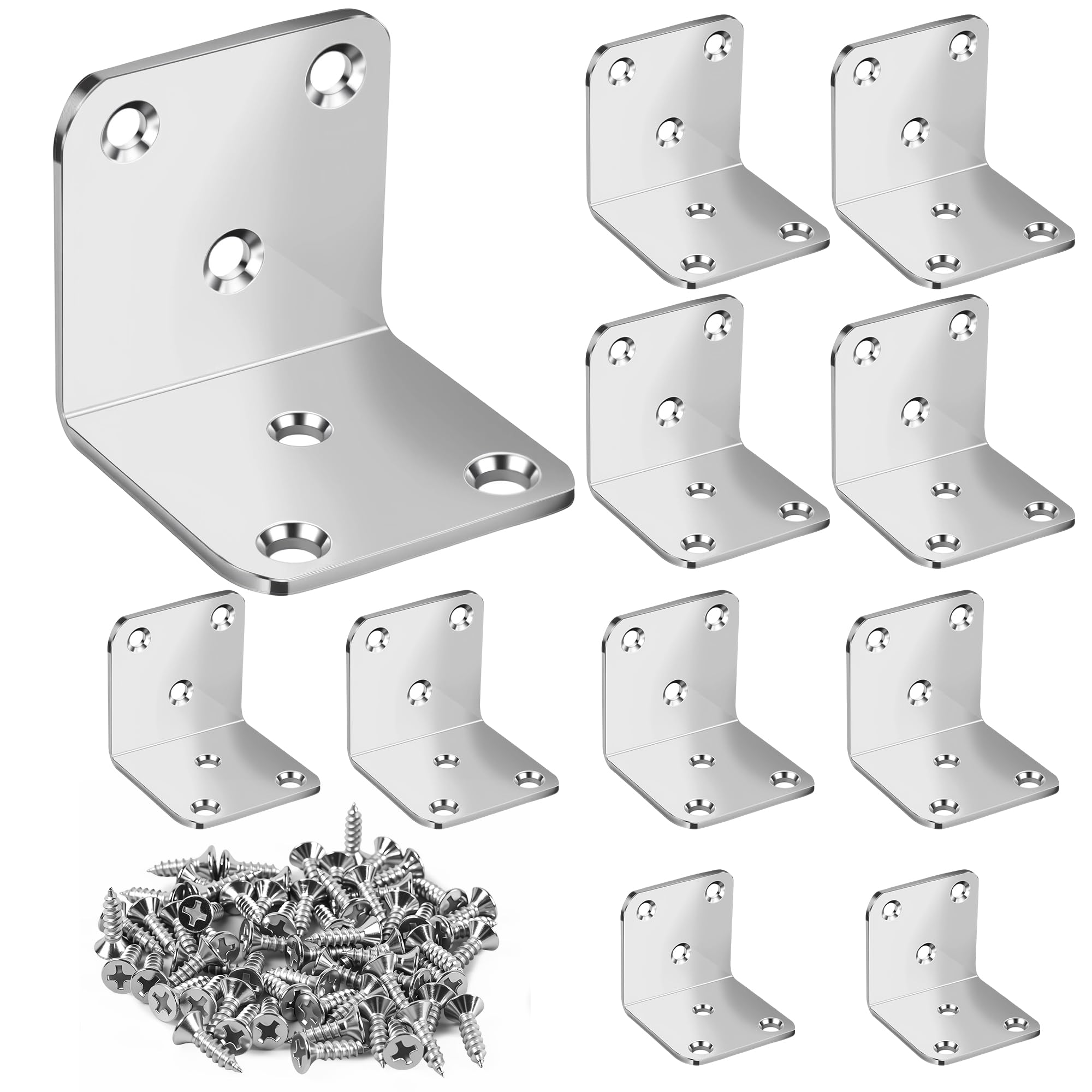 10PCS L Brackets for Wood, 3 Sizes Corner Brackets for Wood - 50x50x50mm, 40x40x40mm, 30x30x30mm, Right Angle Bracket for Furniture Fixation Repair Connector