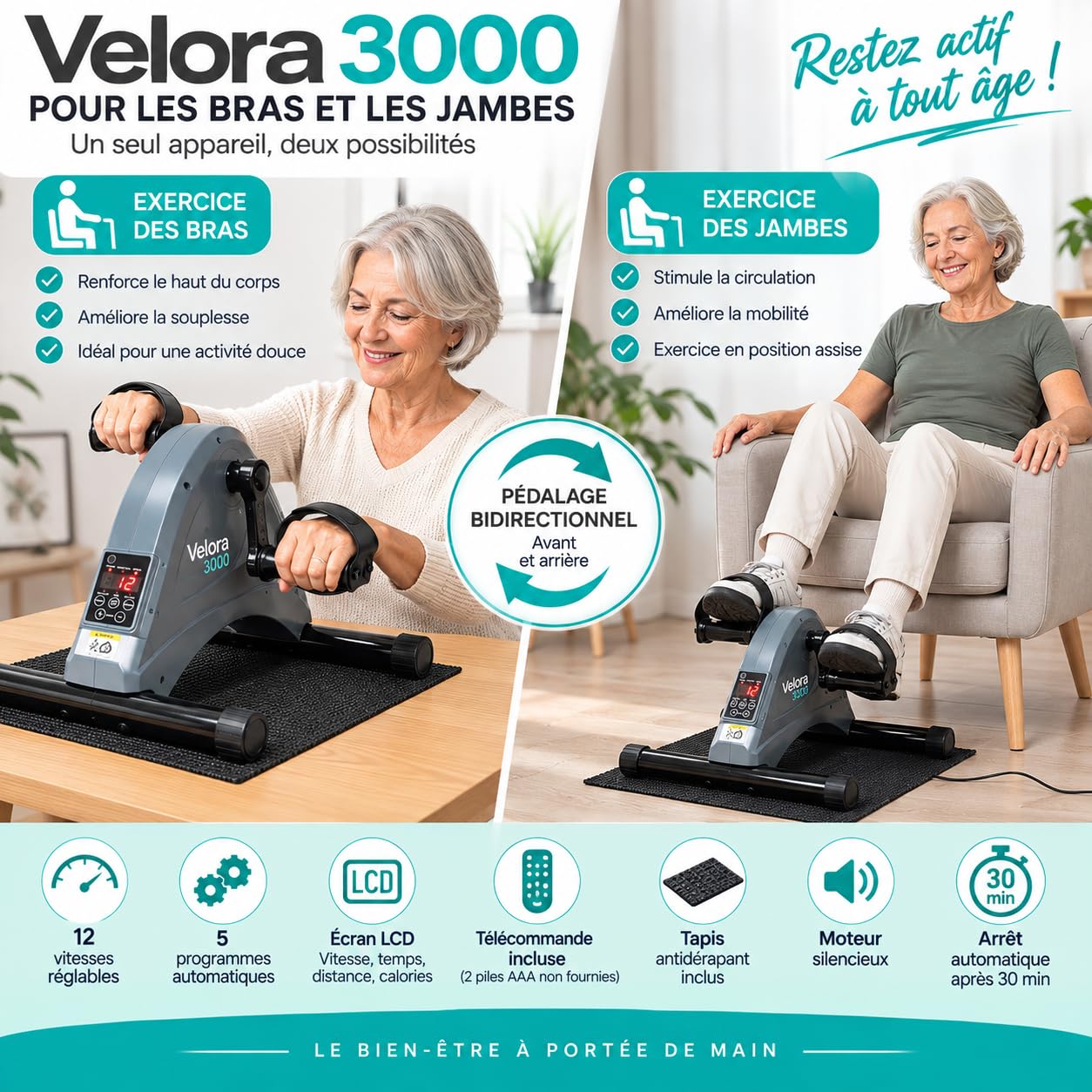 Mini Pedalier Eléctrico Motorizado para Piernas y Brazos, Dispositivo de Ejercicio Sentado con 12 Niveles de Velocidad, 5 Programas, Control Remoto Pantalla LCD, Alfombra Antideslizante, Rotación