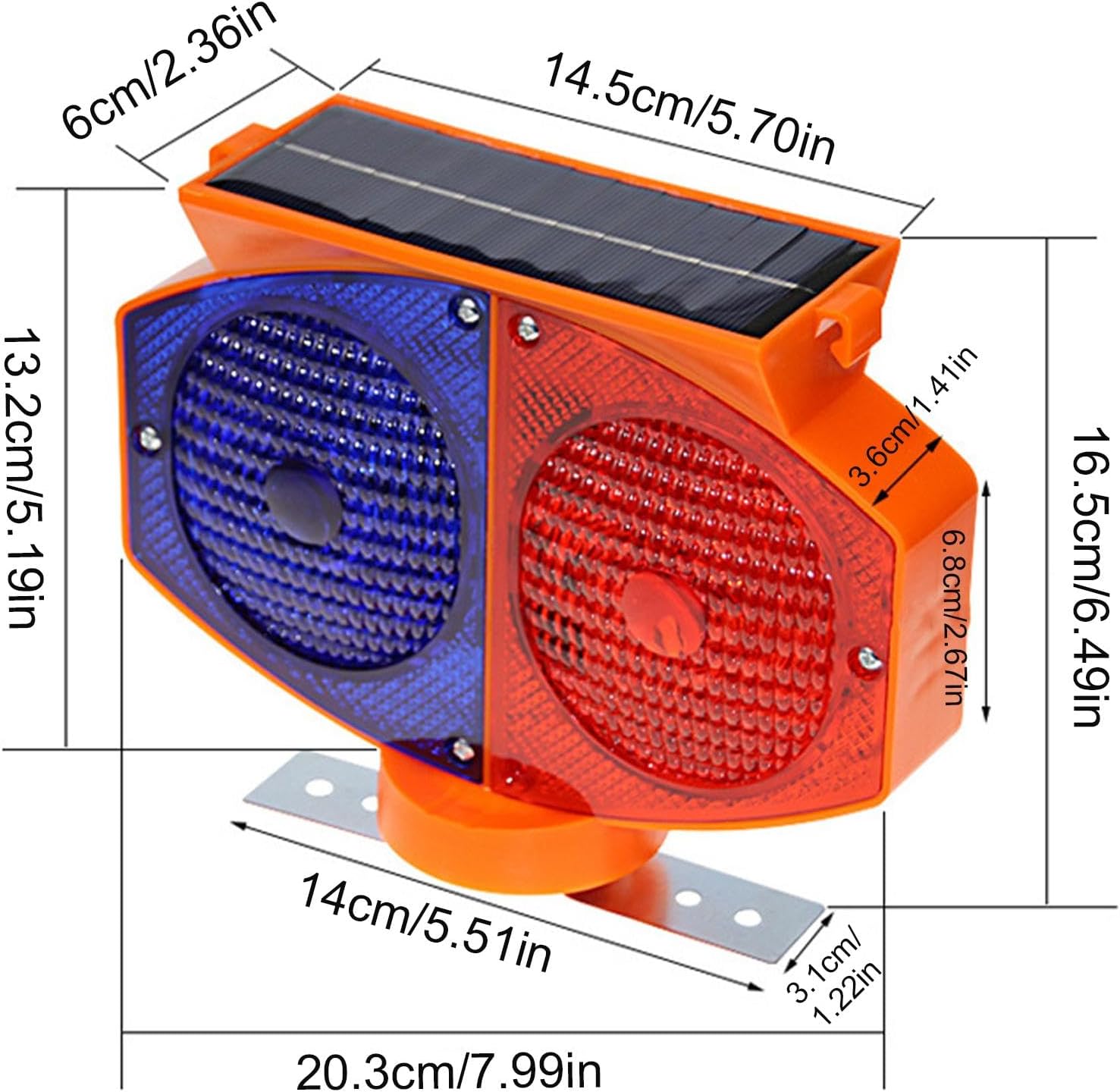 Diagram showing the dimensions of the Solar LED Flashing Warning Light in centimeters and inches.