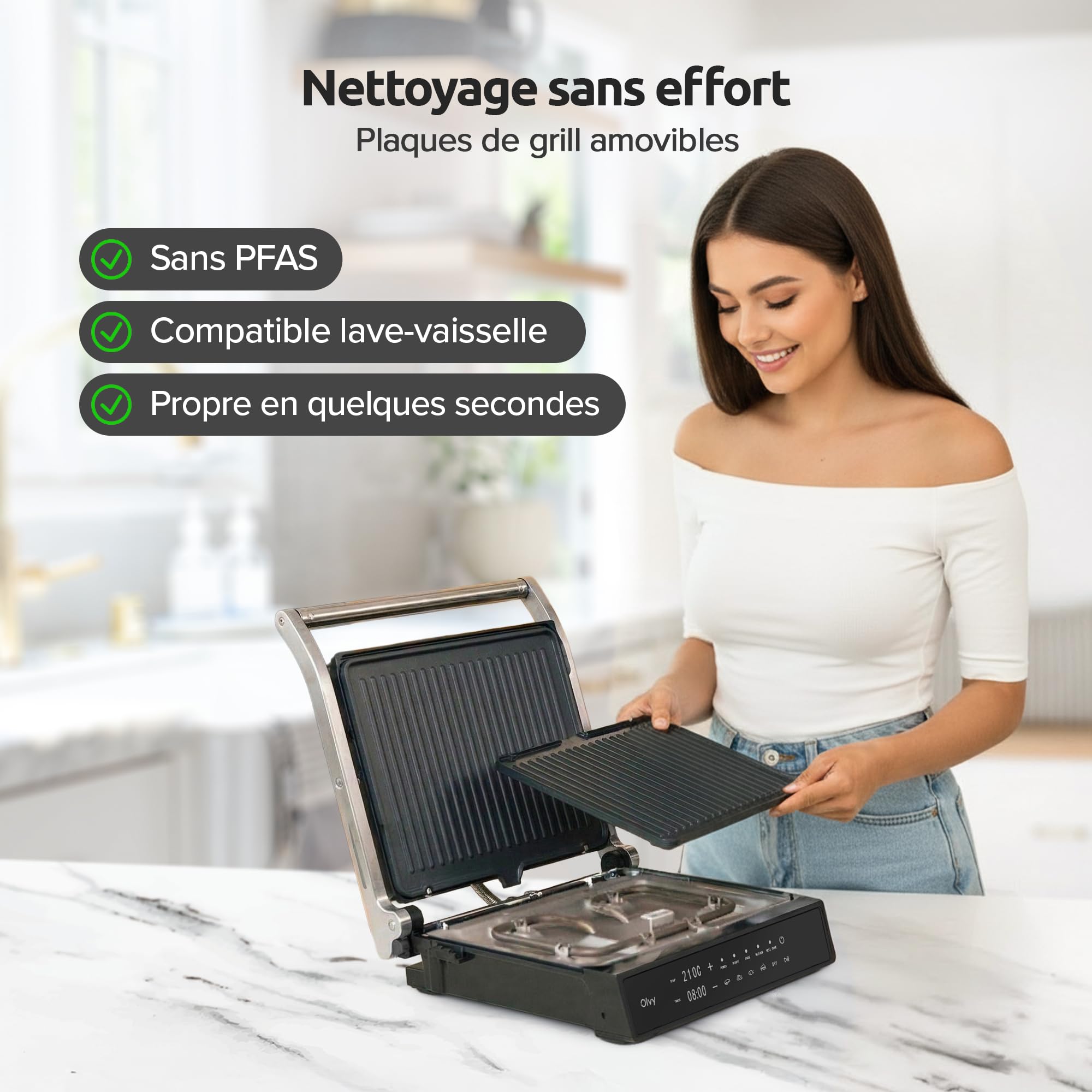 Olvy Grill de Contact 2000W Écran Tactile Sans PFAS 5 Programmes Automatiques Ouverture 180° Plaques Amovibles Antiadhésives Thermostat Minuteur Panini Croque Monsieur Steak