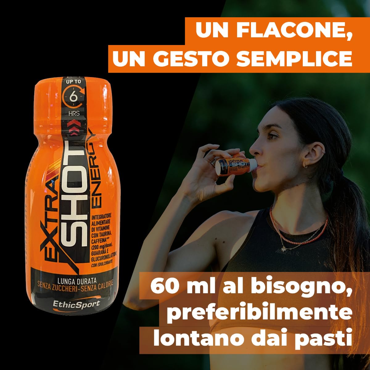 Extra Shot Energy EthicSport – Energy shot con Caffeina 200 mg, Taurina, Guaranà e Vitamine B – Focus, concentrazione e riduzione stanchezza – 12 flaconi da 60 ml – Senza zuccheri, gluten free