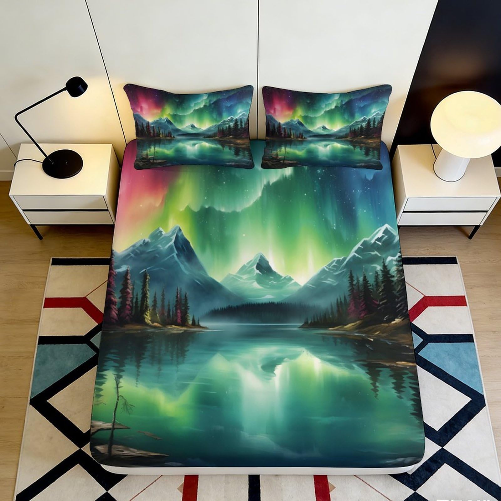 3D Printed Northern Lights Fitted Sheet Microfiber Soft Breathable Aurora Mattress Cover for Bedroom Dormitory Guest Room Mattress Protection Decor 160x200x25cm