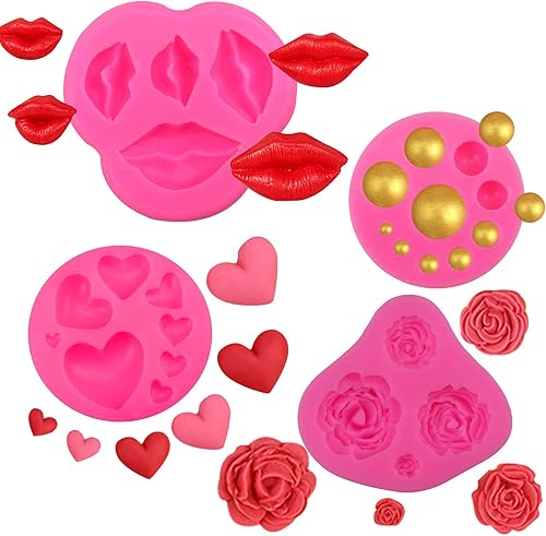 4 moldes de silicona con forma de corazones de rosa, labios, puntos, pasta de goma de fondant, moldes de pastel de chocolate para decoración de