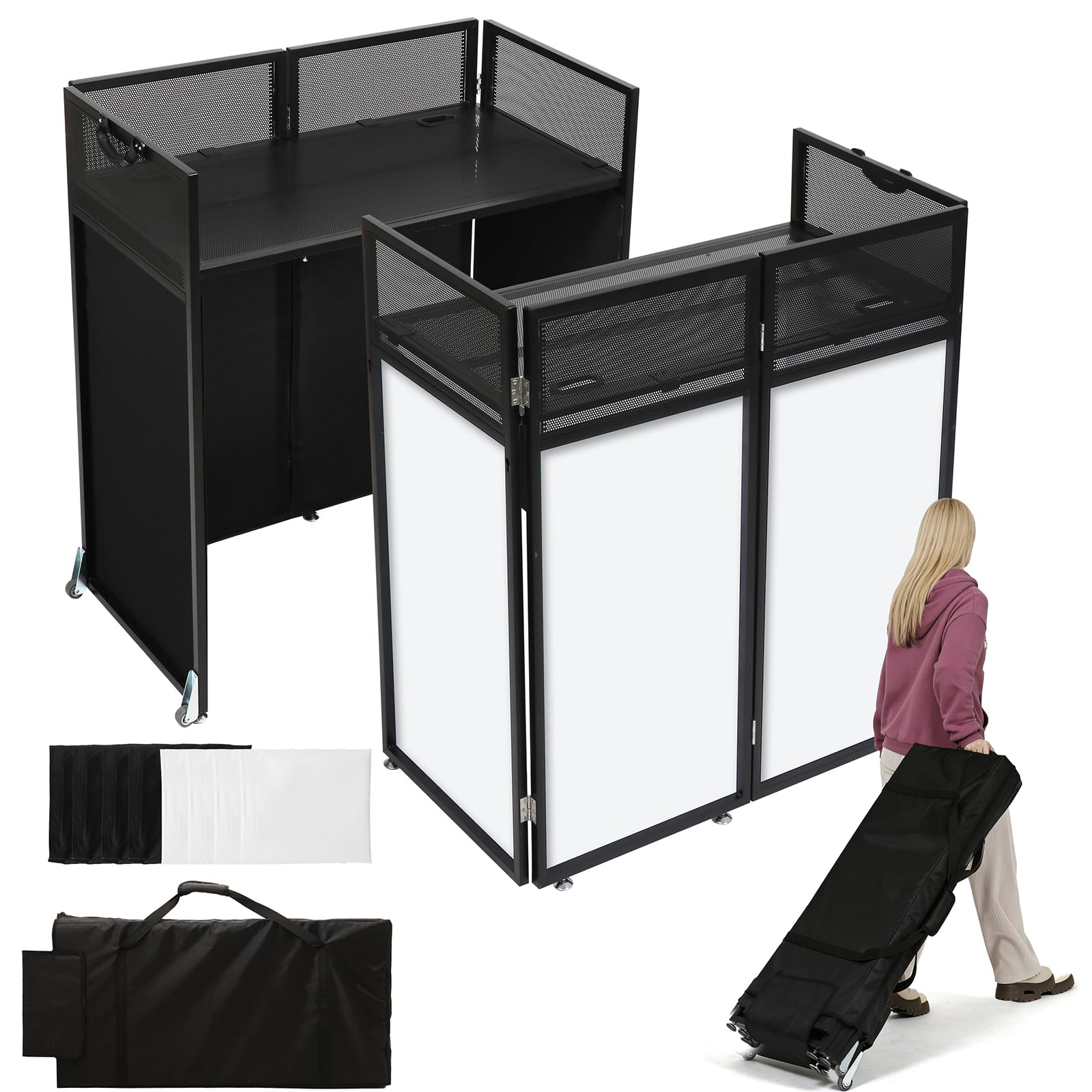 SMONTER Mesa de DJ portátil con ruedas, 108 cm × 53 cm, soporte para DJ con patas ajustables, dos scrims de colores y bolsa de transporte, fachada plegable para DJ para bodas, fiestas, DJs móviles