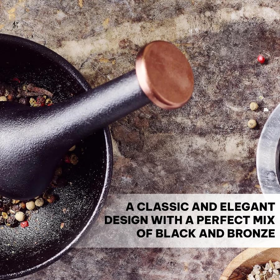 Alva Nori Enameled Cast Iron Mortar & Pestle Set - 2-Cup Heavy Duty Spice Grinder with Textured Interior - Durable Kitchen Tool for Guacamole, Herbs, Pesto, 4" Black Non-Toxic - Image 5