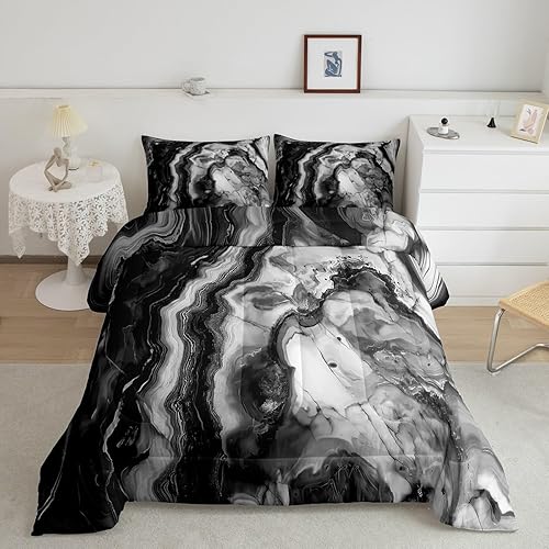 Miniatura 4 de Manfei Modern Marble Comforter Set Twin Size, Black Grey Marbling Bedding Set 2pcs, Abstract Stone Texture Down Comforter for All Season, Kids Boys