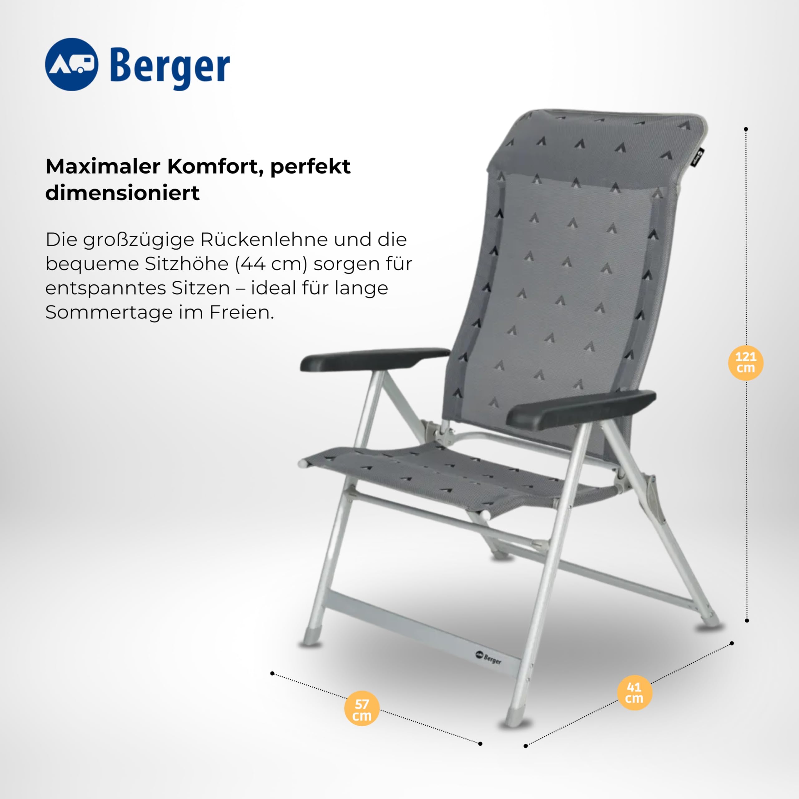 BERGER Luxus XL Klappsessel Campingstuhl | Faltbarer Gartenstuhl mit Polster & 5 -Fach Verstellbarer Rückenlehne