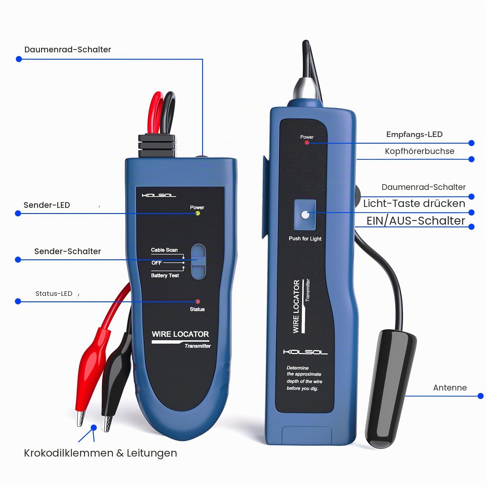 Erdkabel-suchgerät, Kabeltester F02 Pro für Kabelsuchgerät Locate Control Drähte Kabel Haustierzaunkabel, bis zu 3 Meter tief 2000 Meter Länge, Ausgestattet mit wiederaufladbaren Batterie