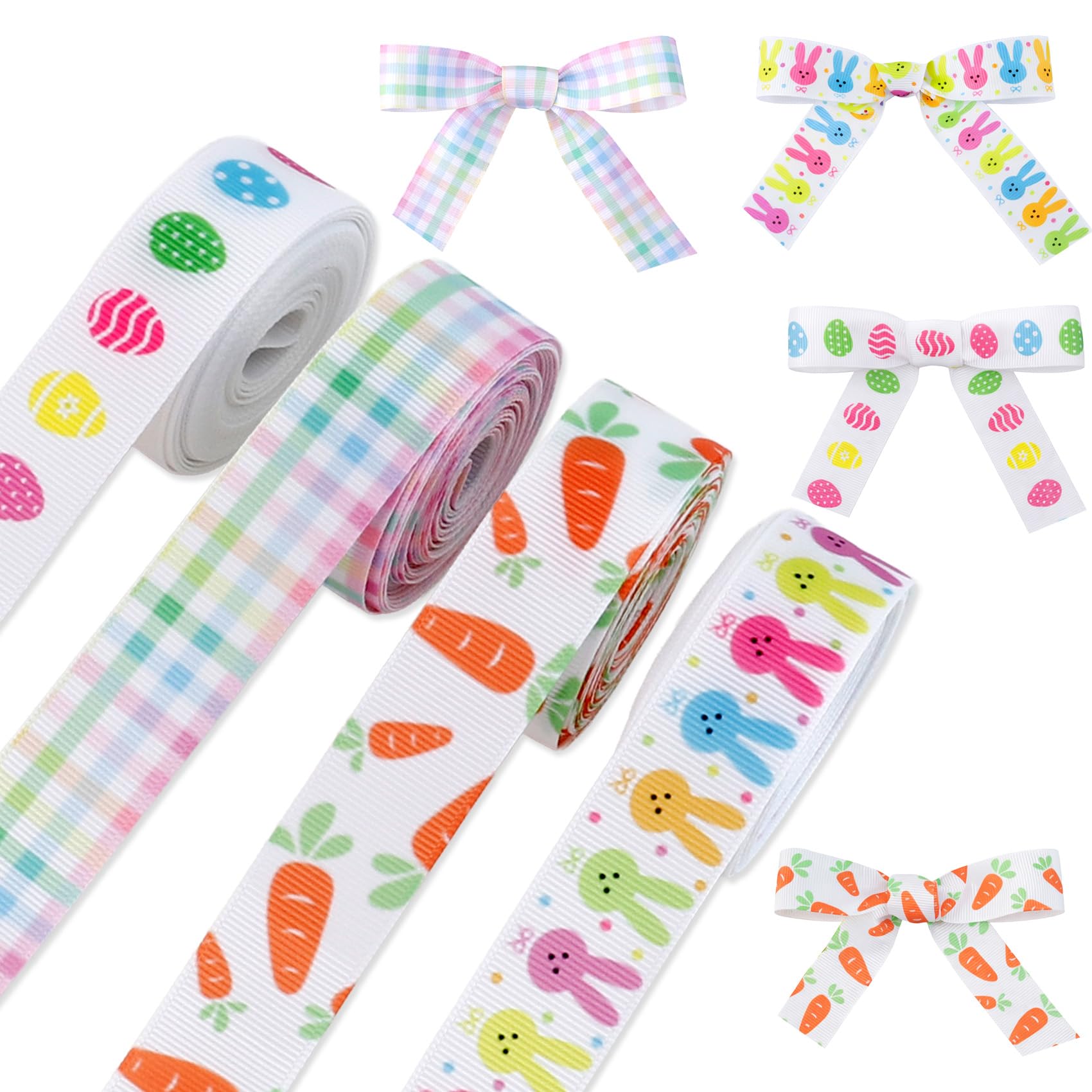 4 Rolls Easter Ribbon for Wrapping Printed Eggs Bunny Rabbit Carrot Checkered Grosgrain Gingham Spring Ribbons 7/8 Inch 20 Yds Blue Pastel for Crafting Home Decor Gift Basket Easter Crafts Bouquet