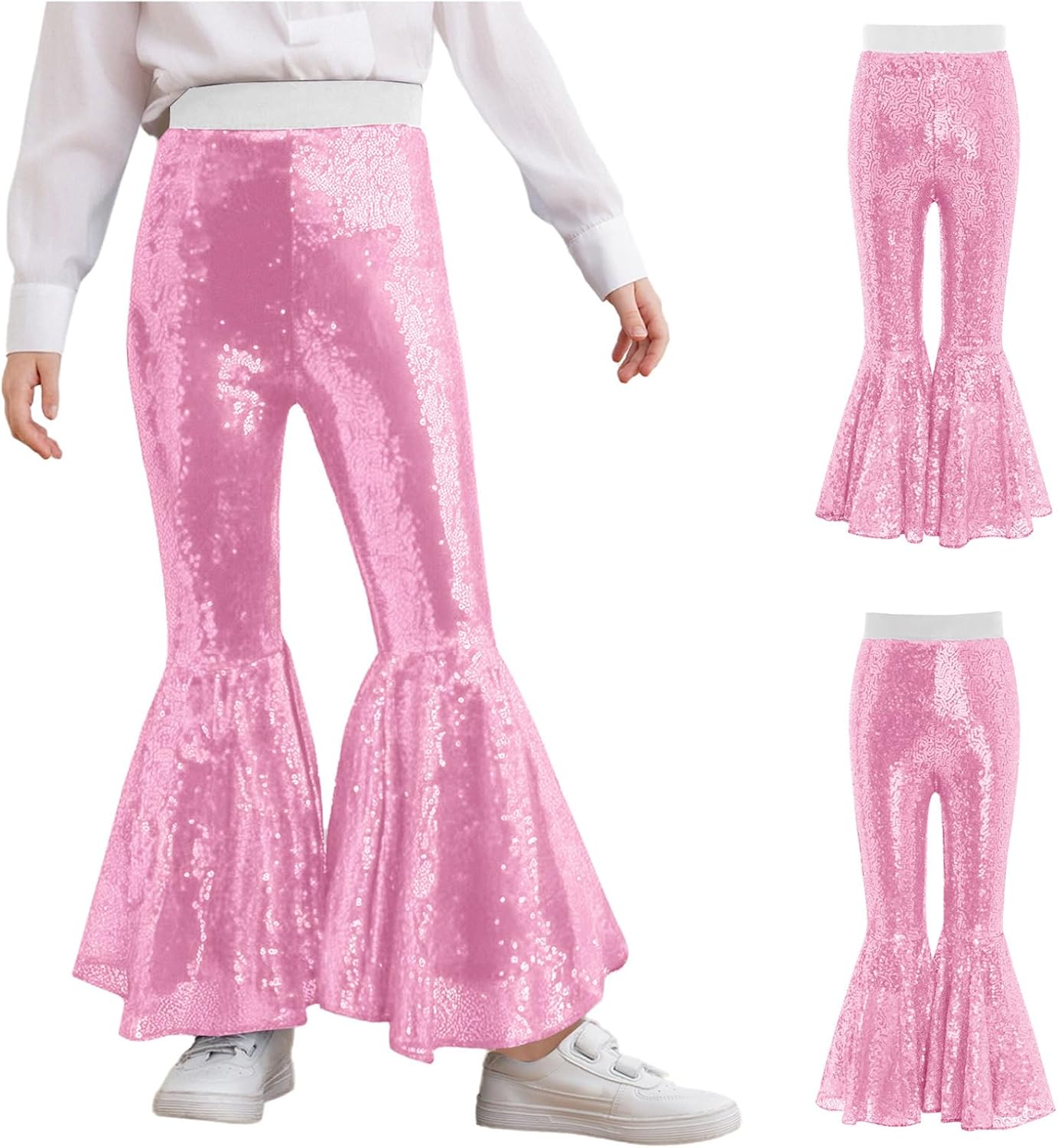 Hularka Kids Girls Sequins Disco Jazz Hip Hop Dance Flared Pants Bell Bottom Performance Trousers Yoga Ruffle Leggings Pink 11-12 Years