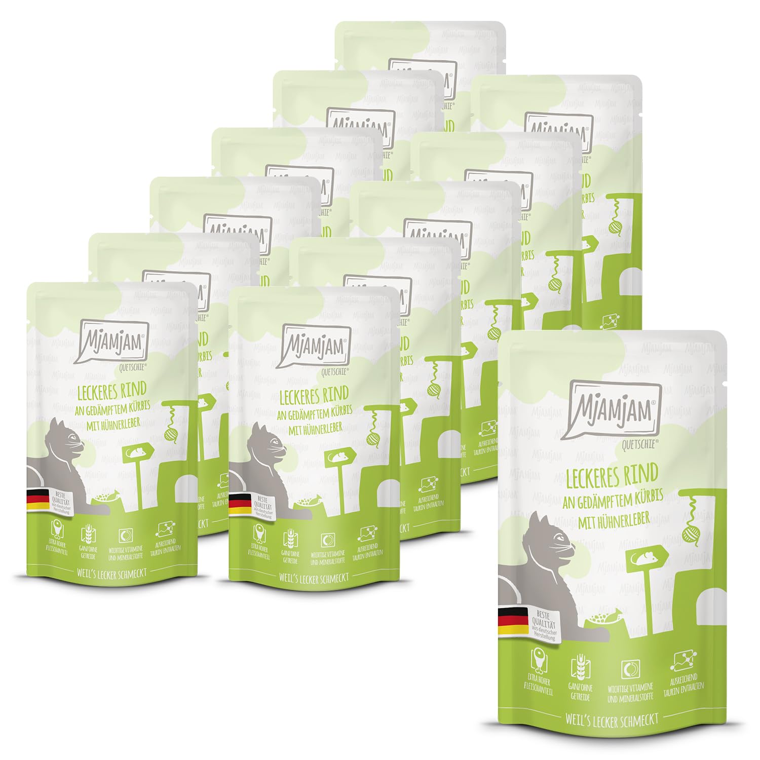 MjAMjAM - Premium Nassfutter für Katzen - Quetschie - leckeres Rind an gedämpftem Kürbis, 12er Pack (12 x 125 g), getreidefrei mit extra viel Fleisch
