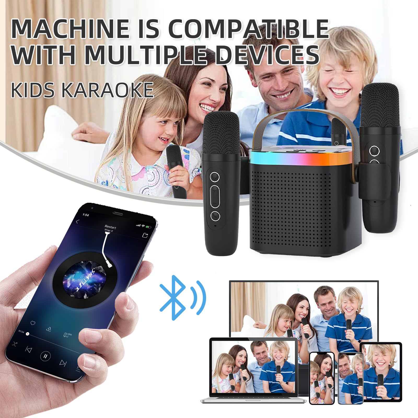 Karaoke con Microfono, Karaoke Macchina per Bambini più 2 microfoni, altoparlante portatile bluetooth per karaoke con cambio di voce e luce a led (nero)