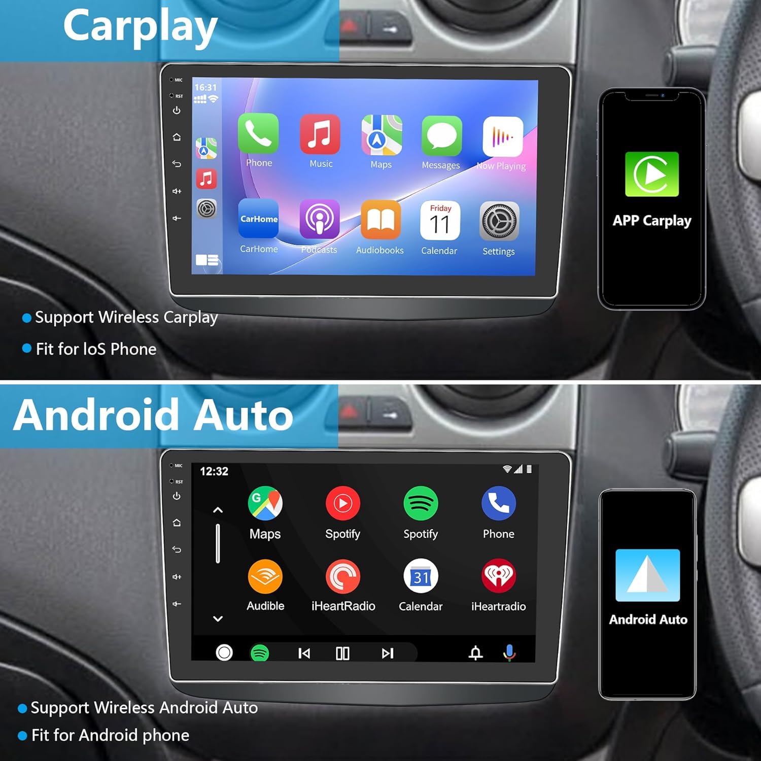 Autoradio 2 DIN per Alfa Romeo Mito 2008-2019 Wireless Apple Carplay Android Auto Touchscreen da 9" Con navigatore/telecamera posteriore/Bluetooth/WiFi/Miror Link/Mic/FM/SWC