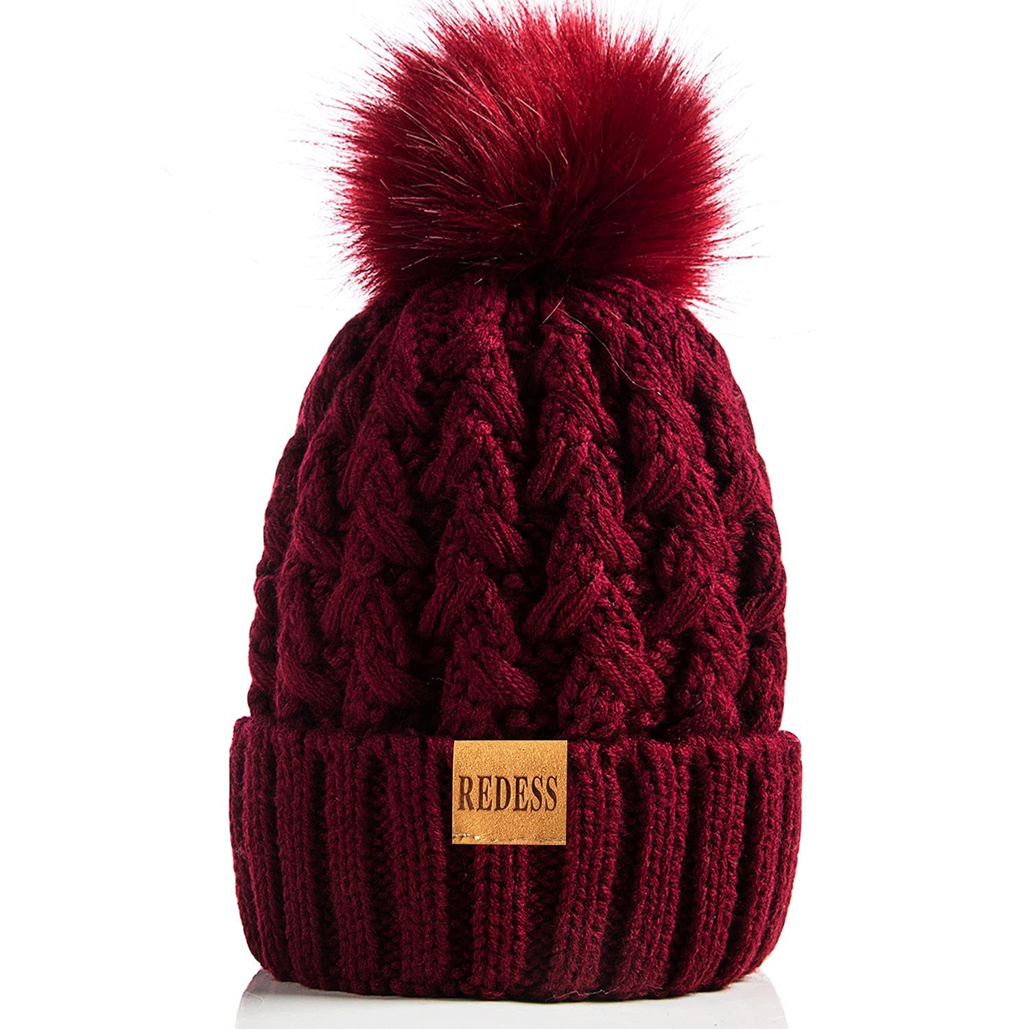 REDESS Cappello Invernale da Donna con Pompon con Pompon Cappelli Caldi Foderati in Pile, Berretto Incrociato in Maglia di Neve Spessa e Morbida per Le Signore