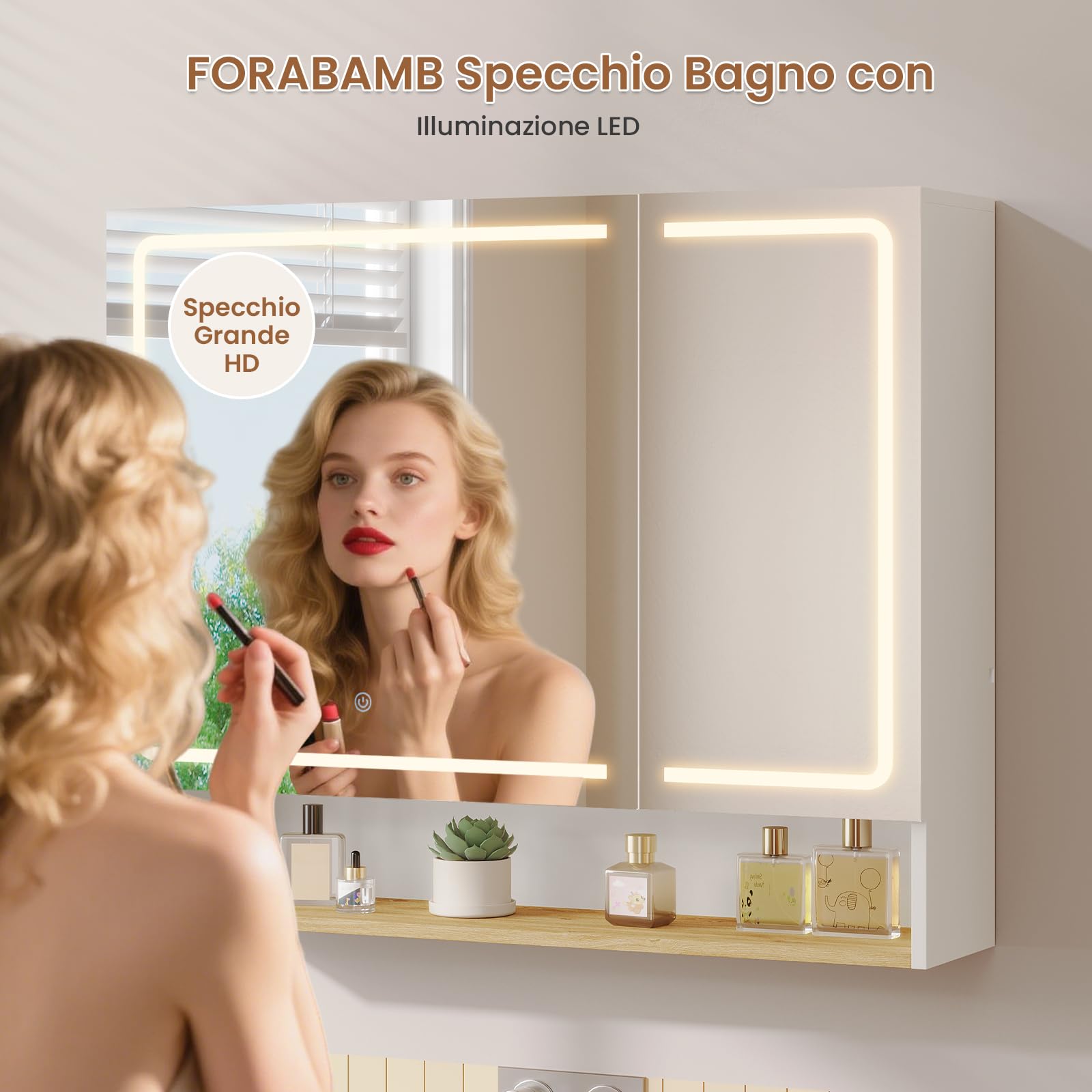 Specchio Bagno Contenitore 80x16x65 cm con Luce LED e Presa Elettrica, Specchiera Bagno con Ripiani Regolabili, Mobile Bagno con Specchio, 3 Temperature di Colore, Comandi Touch, HD, Bianco
