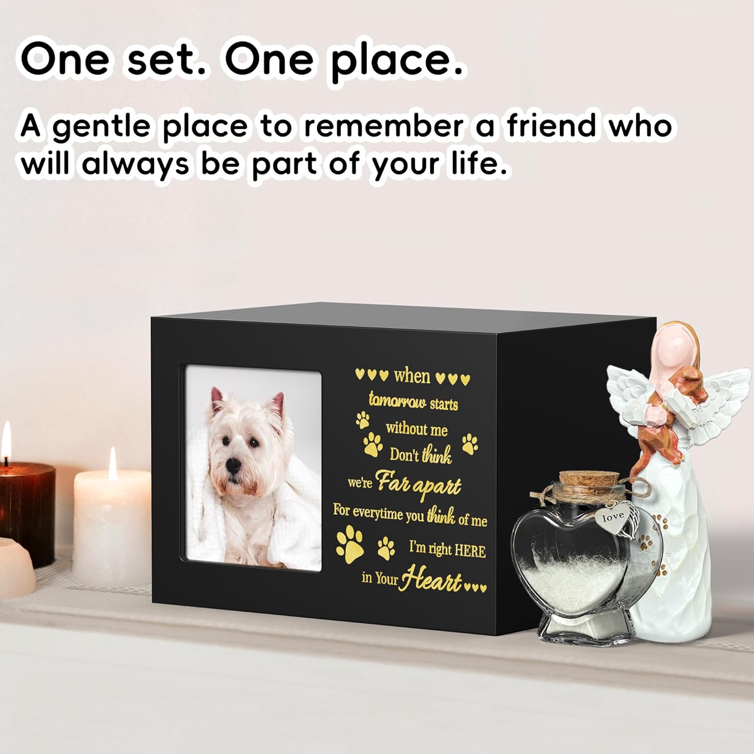 Pet Memorial Urn with Photo Frame, 110 Cubic Inches Wooden Pet Cremation Urn for Dogs & Cats, Sympathy Gift Set with Angel Figurine, Fur Keepsake Bottle & Ashes Bag