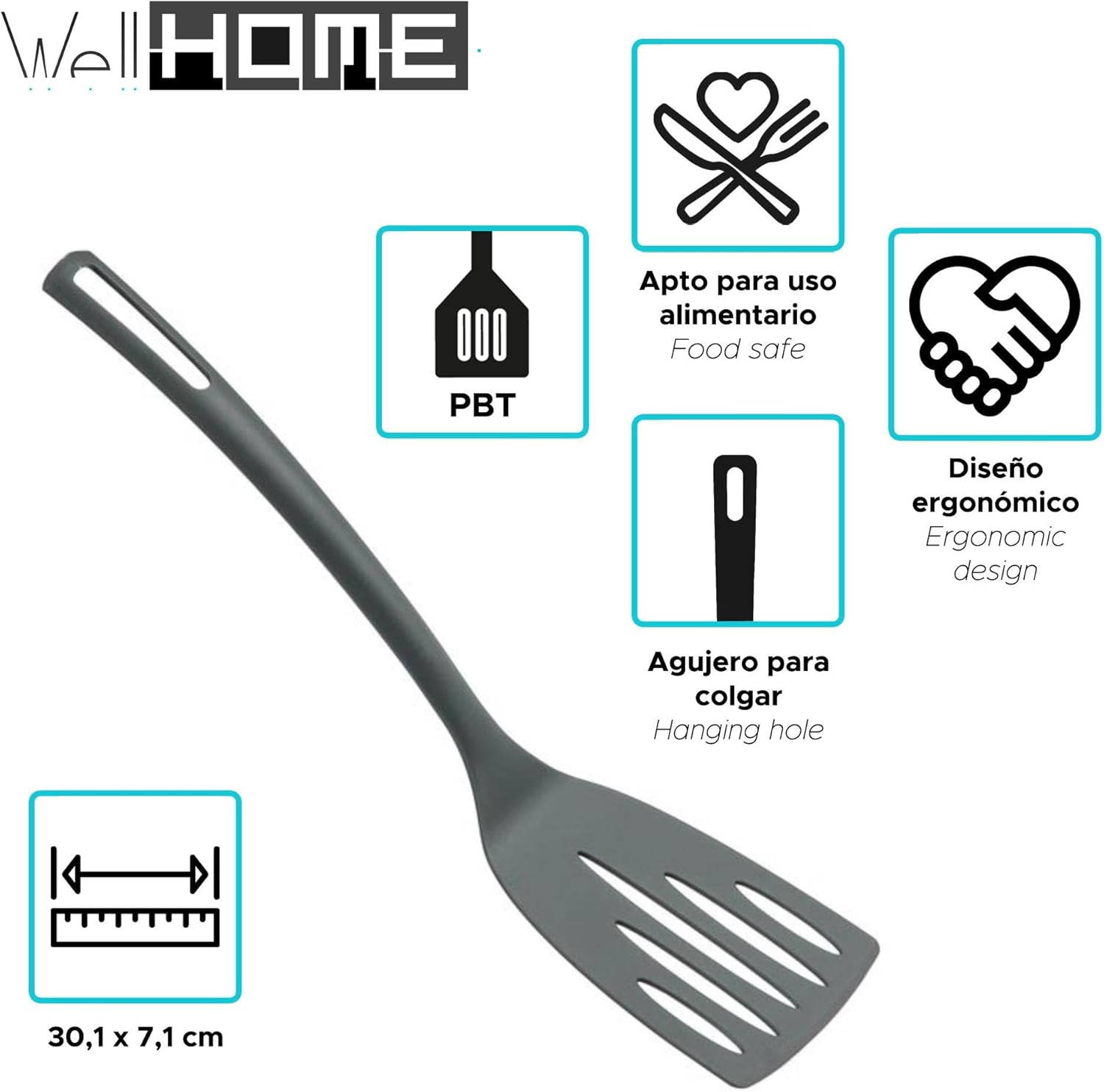 Well Home Set of 3 Pans Diameter 16 Diameter 20 Diameter 24 cm Made of Pressed Aluminium Black + 6 Kitchen Utensils Made of PBT Colour Black