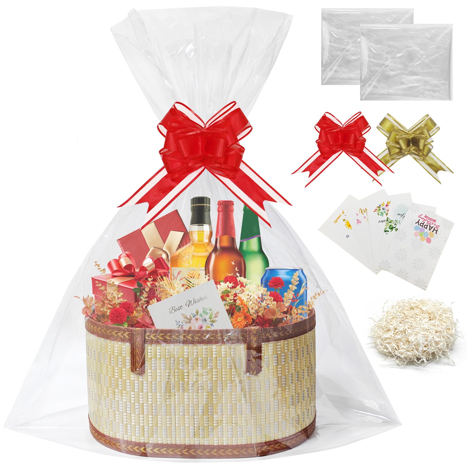 1Set Empty Hamper Basket Gift Baskets Woven Bamboo Basket with Bags, Pull Bows and Shredded Paper Gift Basket Hamper Kit for Birthday,Housewarming (Primary colors)