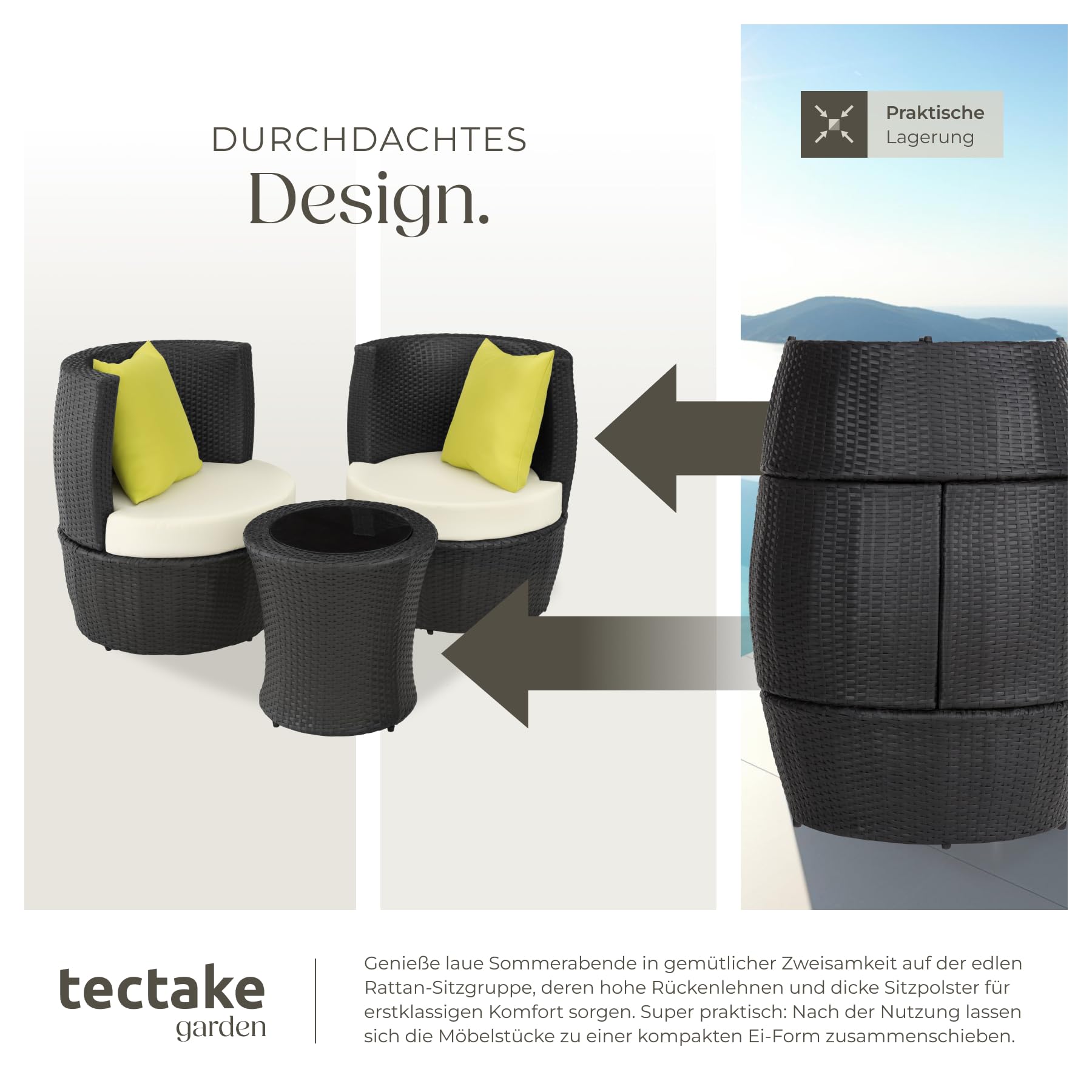 tectake® Rattan Set 2 Personen, Balkonmöbel, Aluminium Gartenmöbel Set, Outdoor Sitzgruppe mit 2X... Ansicht 4