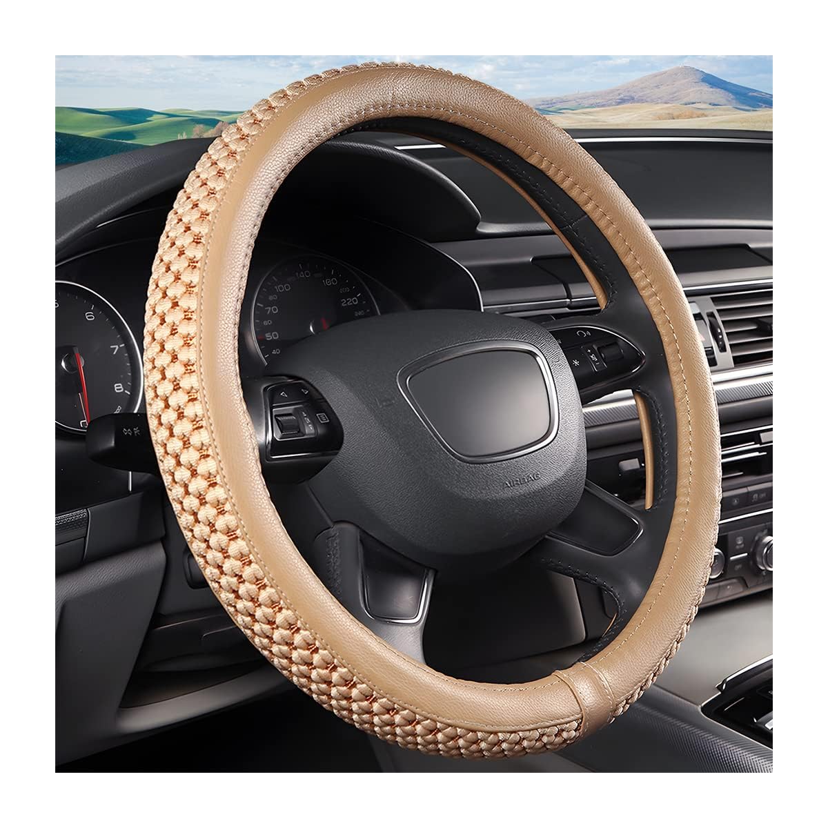 KASTWAVE Steering Wheel Cover for Women and Men, Carbon Fiber Plush Steering Wheel Cover, Soft Anti-Slip Comforting, Universal 15 Inches Steering Wheels Accessories (Ice Silk Beige)