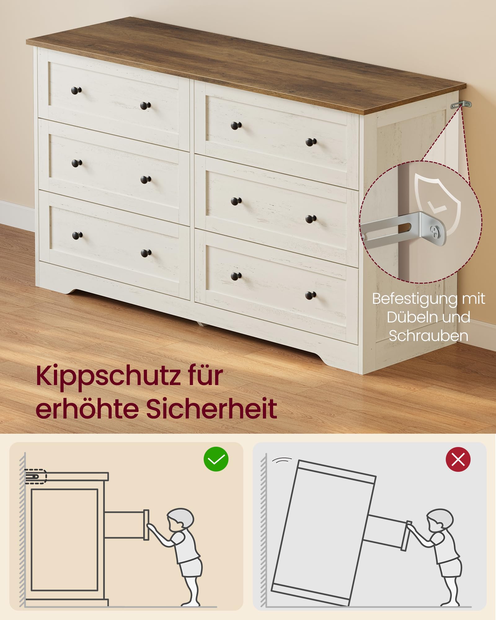 VASAGLE Kommode mit 6 Schubladen, Aufbewahrungsschrank aus Holzspanplatte und MDF, 120 x 40 x 78 cm, Weiß, Landhausstil, für Schlafzimmer, Flur, Siren Kollektion LTS663WJ01