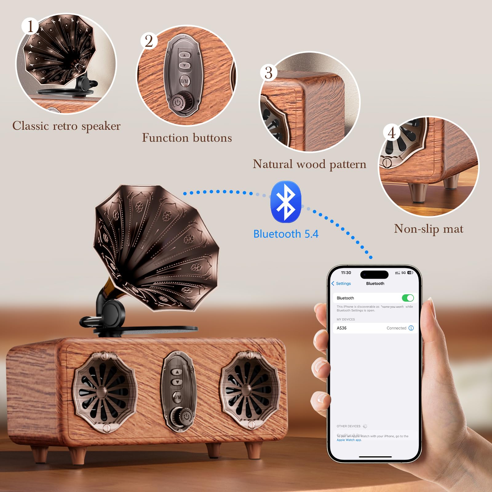 FREEFISH Haut-parleur radio rétro Bluetooth, radio FM vintage, haut-parleur 5 W, Bluetooth 5.3, prise en charge carte TF/AUX/USB, batterie 1800 mAh (AS36)