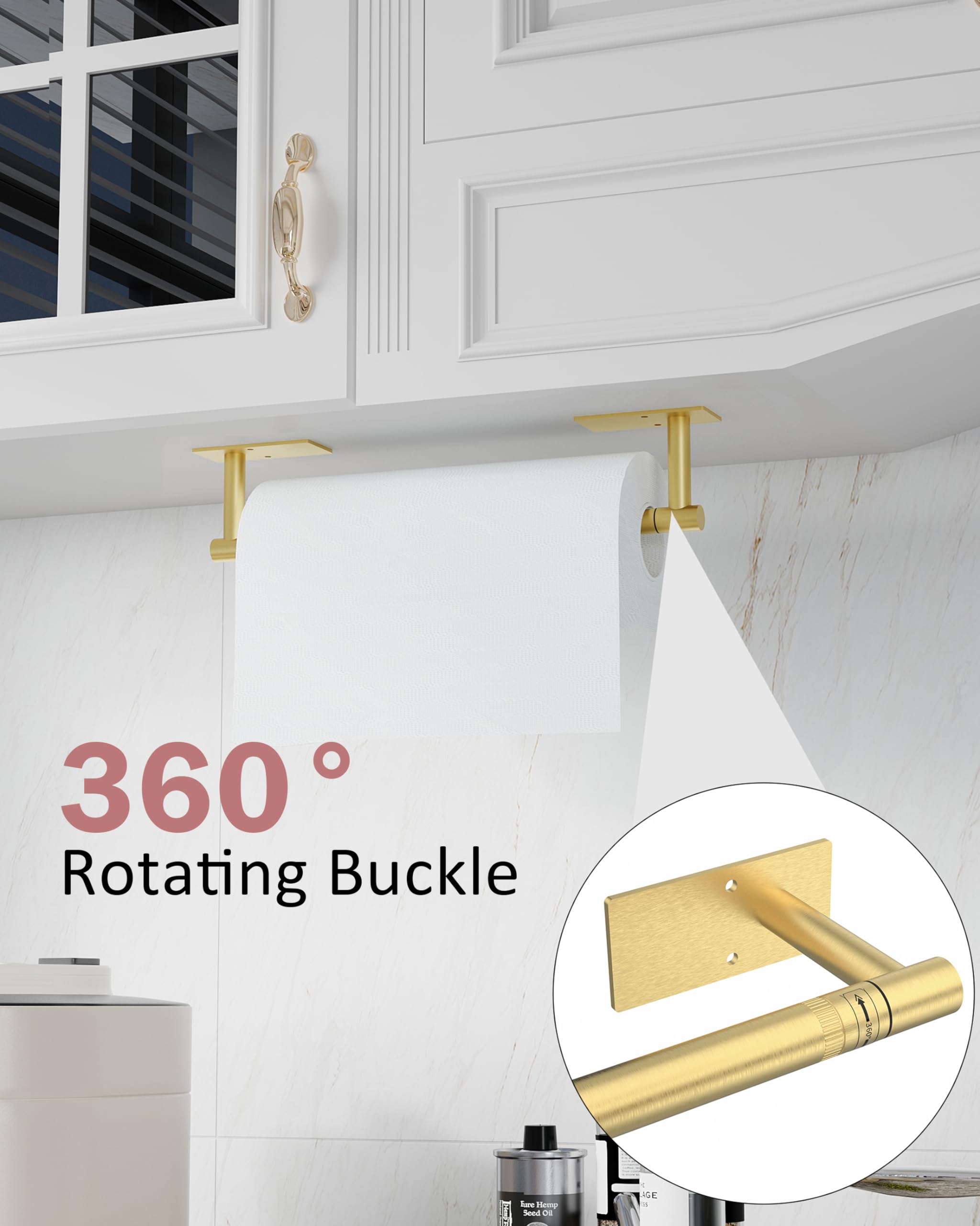 Portarrollos de cocina dorado para debajo del gabinete, autoadhesivo o montado en la pared, soporte giratorio de doble poste de acero inoxidable para rollo de cocina (base cuadrada)