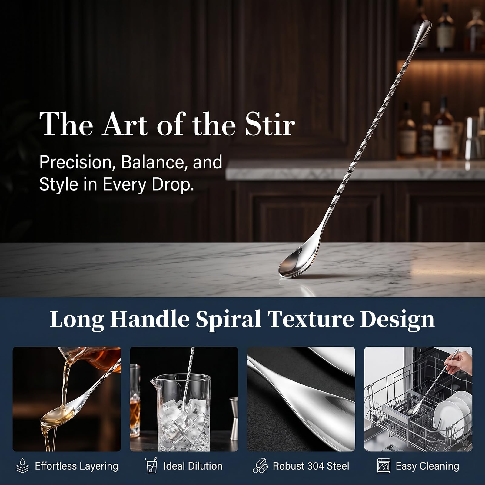 2PCS Cocktail-Mischlöffel aus Edelstahl,Hochwertiger Edelstahl Barlöffel Mit Langem Griff, Spiral Design Für Präzises Rühren, Löffel Lang Und Lange Löffel Ideal Für Cocktails