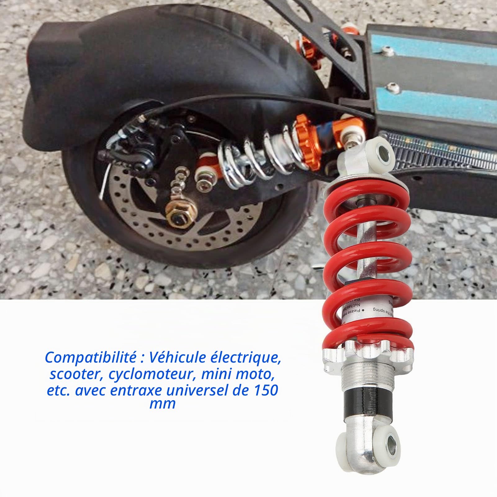 Tissting Amortisseur Vélo Électrique Universel 150mm 5.91", Ressort 750lbs Réglable Rouge, Suspension VTT Scooter Moped, Pièce Détachée Modifiable
