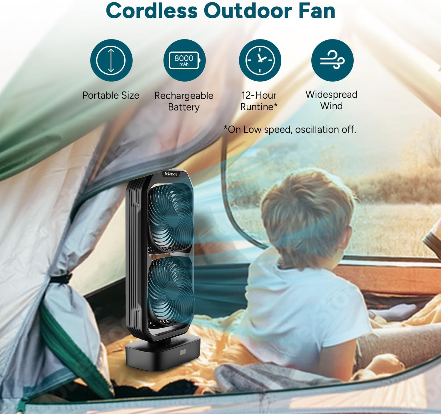 DR.PREPARE 120° Oscillating Quiet Tower Fan with Remote, Small Battery Powered Desk Fan for Bedroom, 250° Tilt, 3 Speeds, 8H Timer, Portable Rechargeable Table Fan for Office Outdoor, Wider Airflow