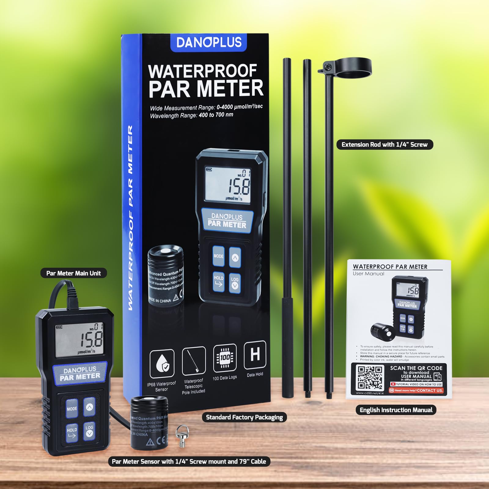 PAR Meter per acquario impermeabile IP68, intervallo spettrale 400-700nm PPFD Meter Data Logger, palo telescopico da 94 cm, cavo sensore da 79 '' incluso