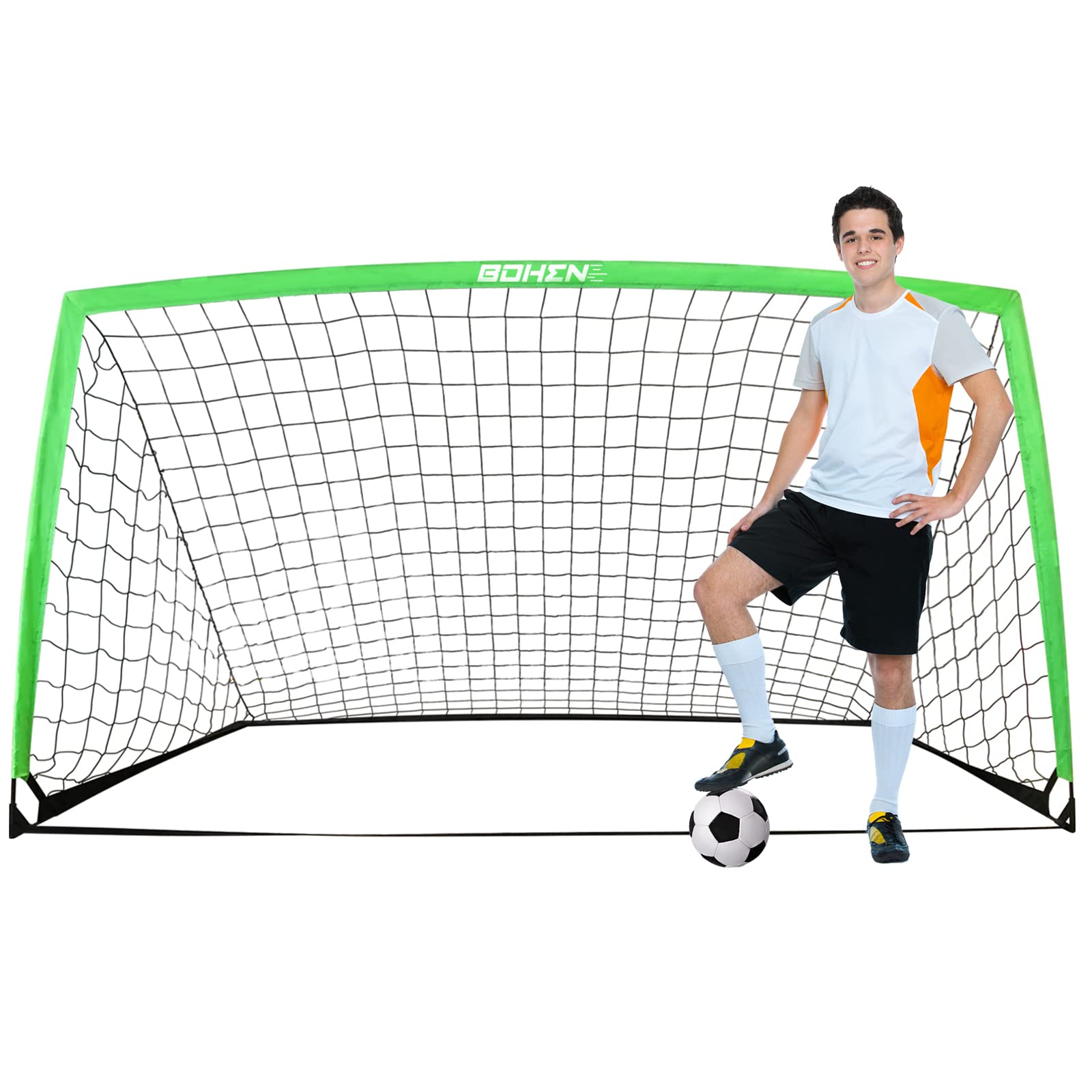 BOHEN 9x5FT Large Portable Soccer Goal Net for Backyard with Unique Frame Design, Foldable, Easy Assembly Includes Carry Bag, Great for Kids, Teen, and Adults